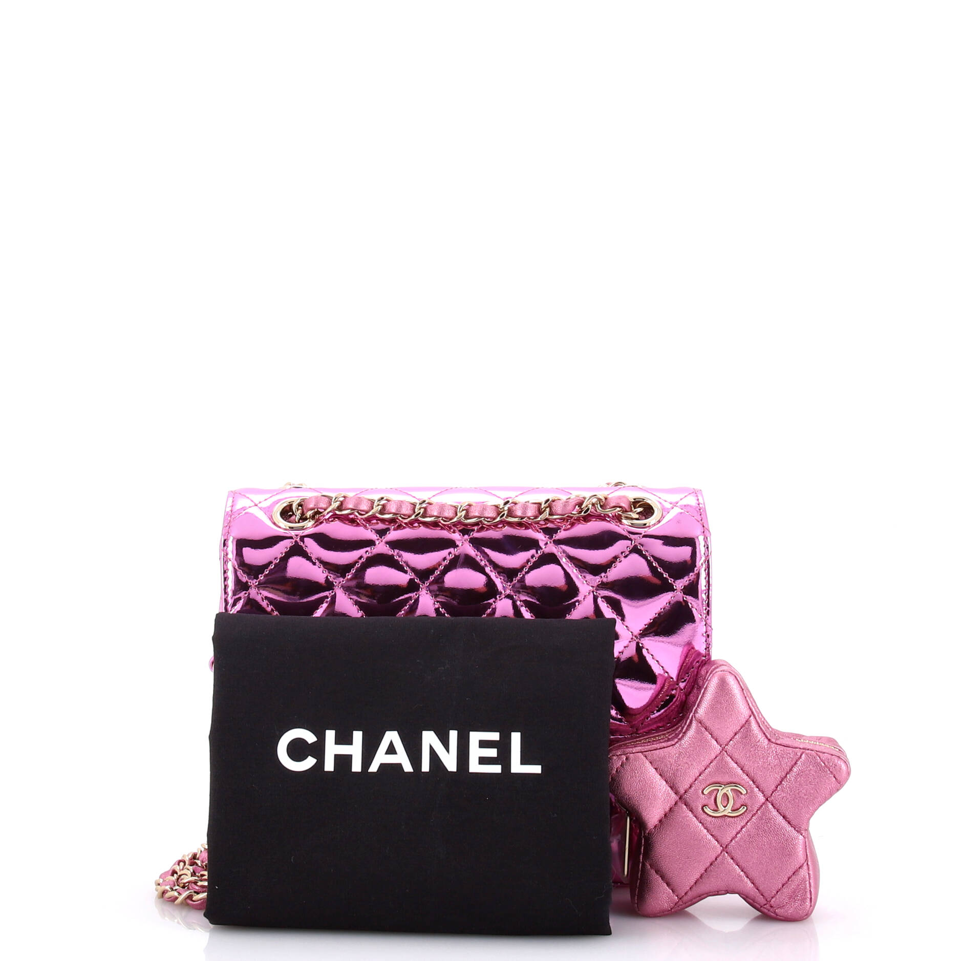 Chanel Classic Single Flap Bag with Star Coin Purse Quilted Metallic Leather Mini