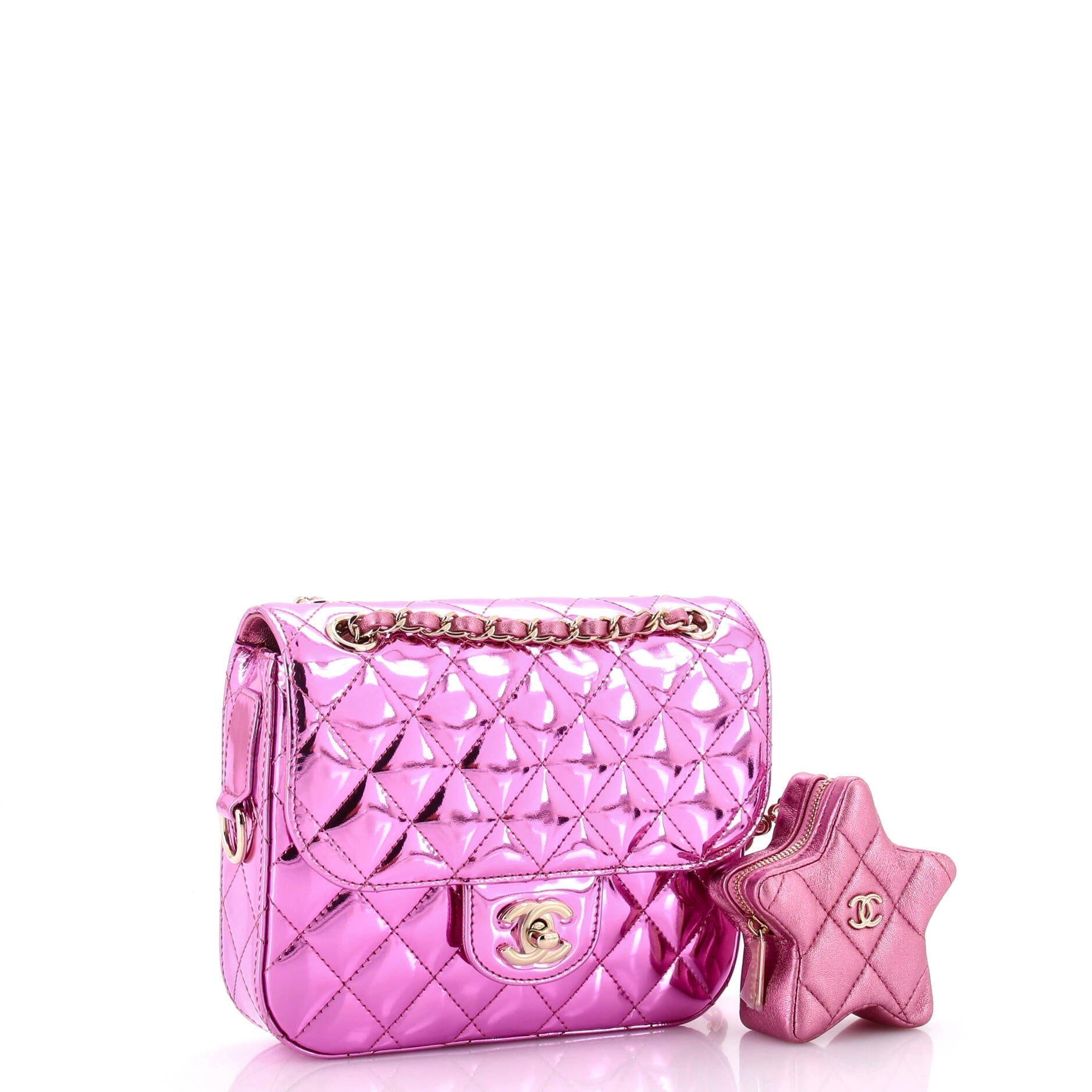 Chanel Classic Single Flap Bag with Star Coin Purse Quilted Metallic Leather Mini