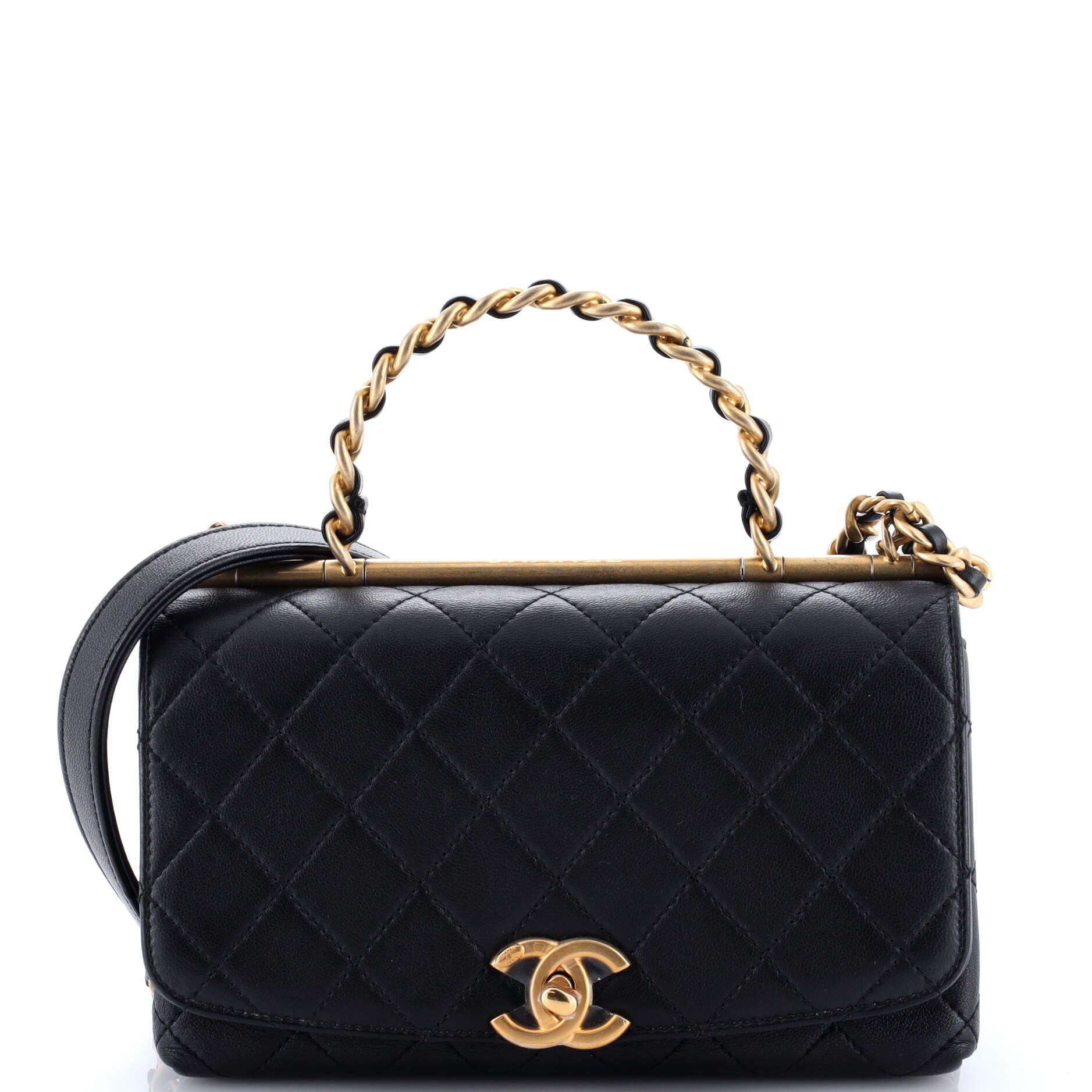 Chanel La Parisienne Chain Top Handle Flap Bag Quilted Lambskin Medium
