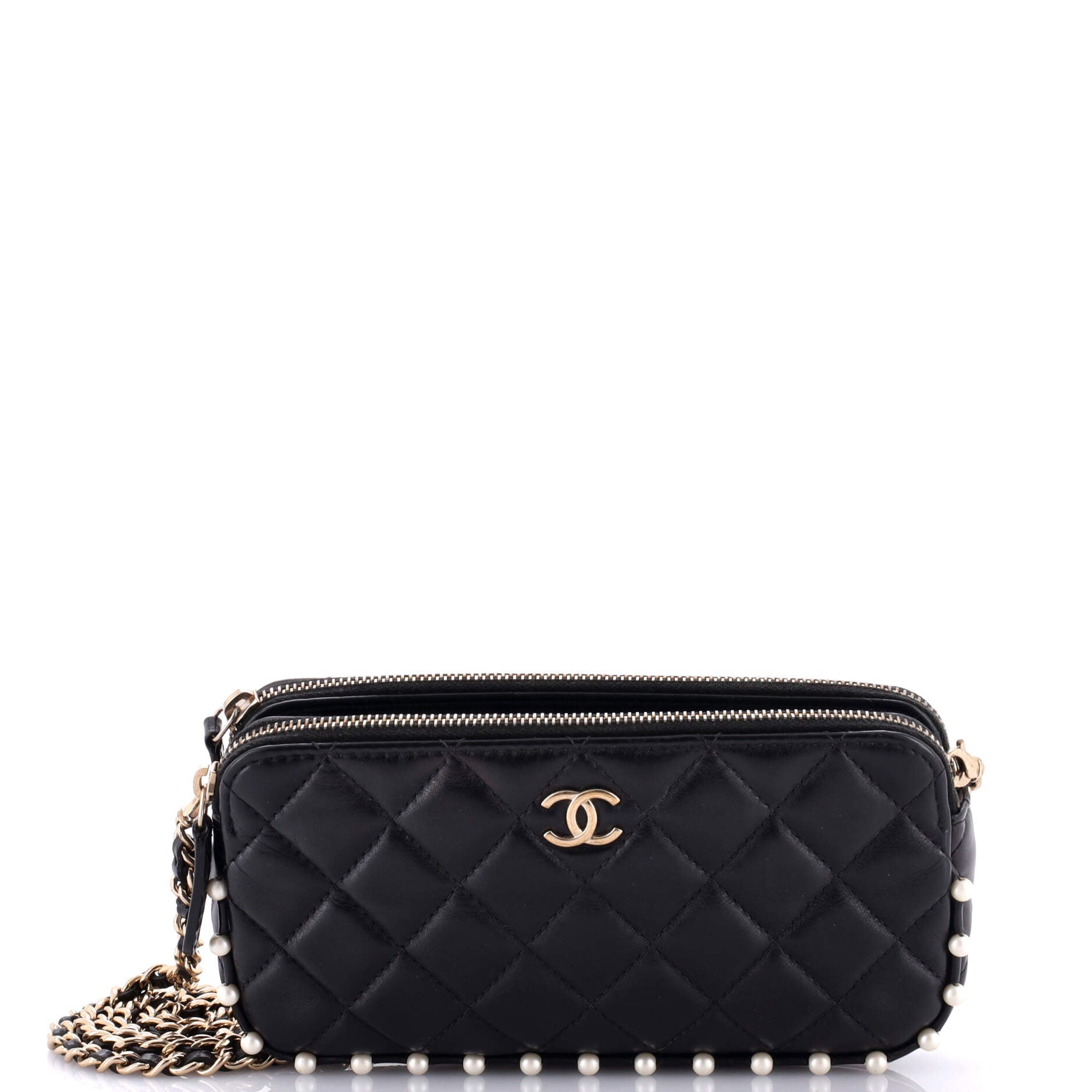 Chanel Double Zip Clutch with Chain Quilted Calfskin with Pearl Detail