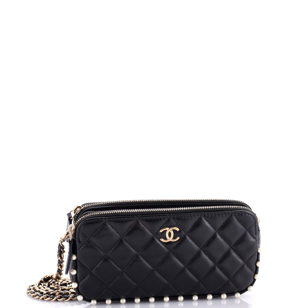 Chanel Double Zip Clutch with Chain Quilted Calfskin with Pearl Detail