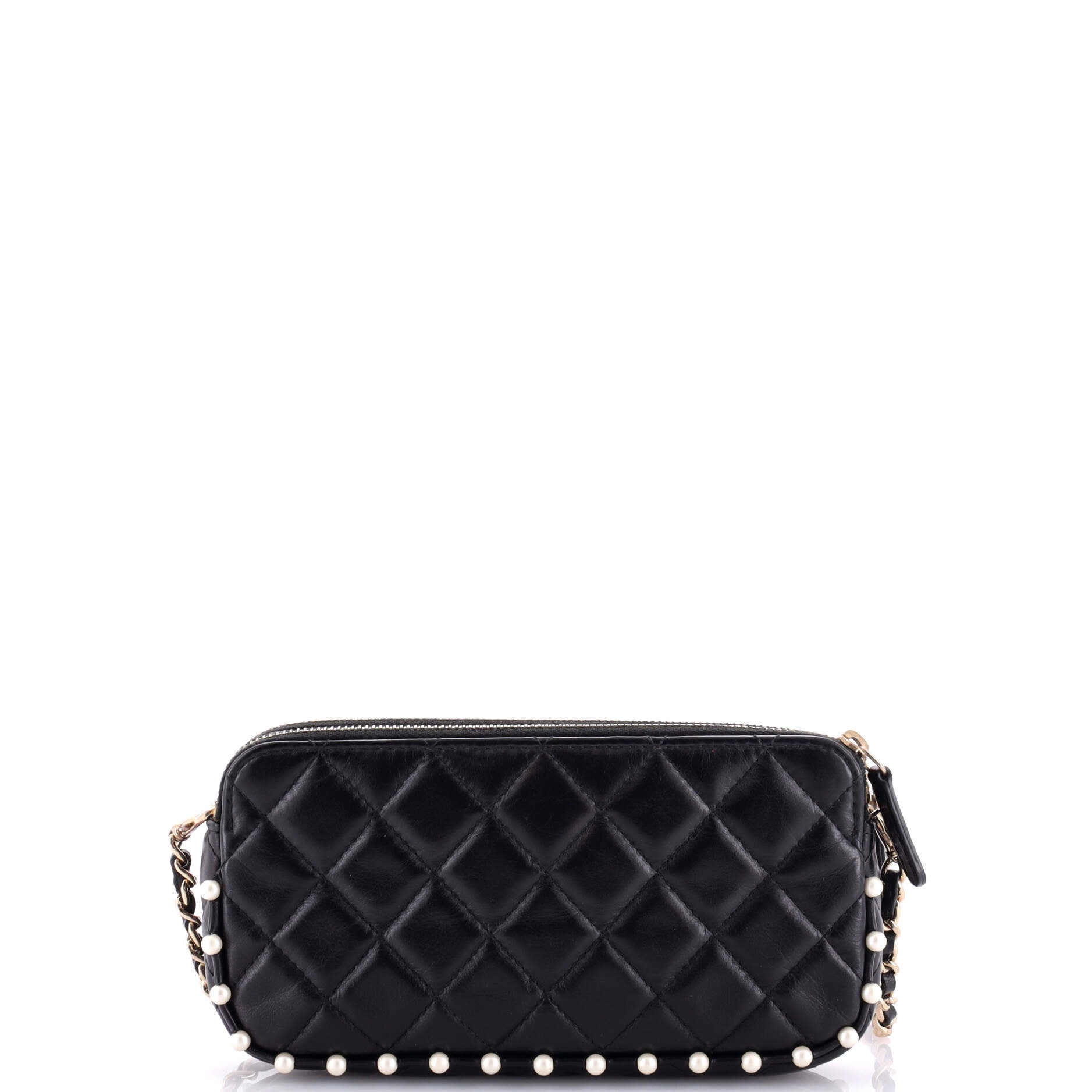 Chanel Double Zip Clutch with Chain Quilted Calfskin with Pearl Detail