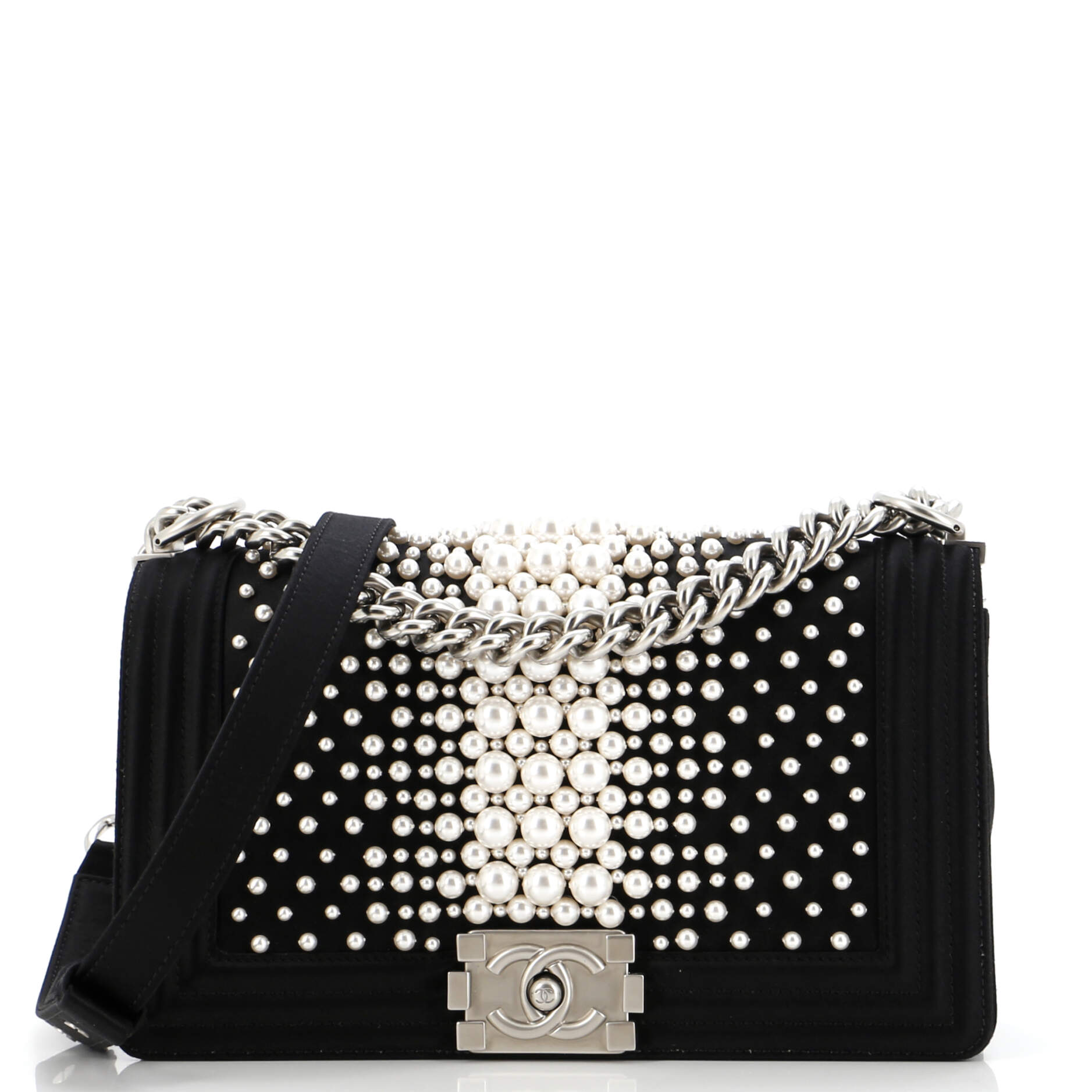 Chanel Boy Flap Bag Pearl Embellished Satin Old Medium