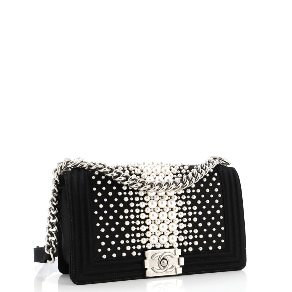Chanel Boy Flap Bag Pearl Embellished Satin Old Medium