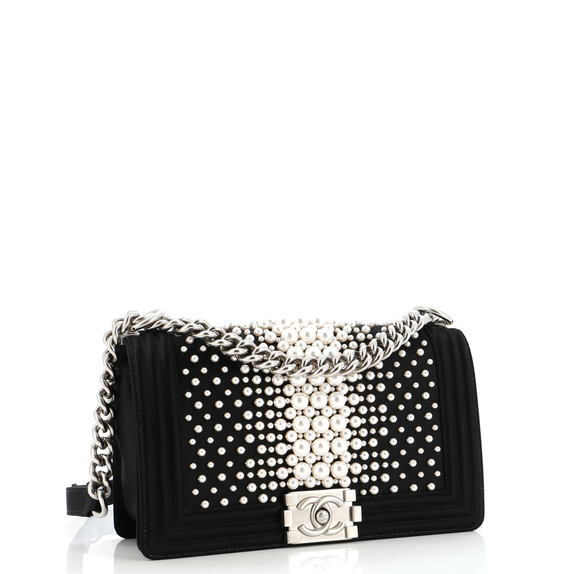 Chanel Boy Flap Bag Pearl Embellished Satin Old Medium