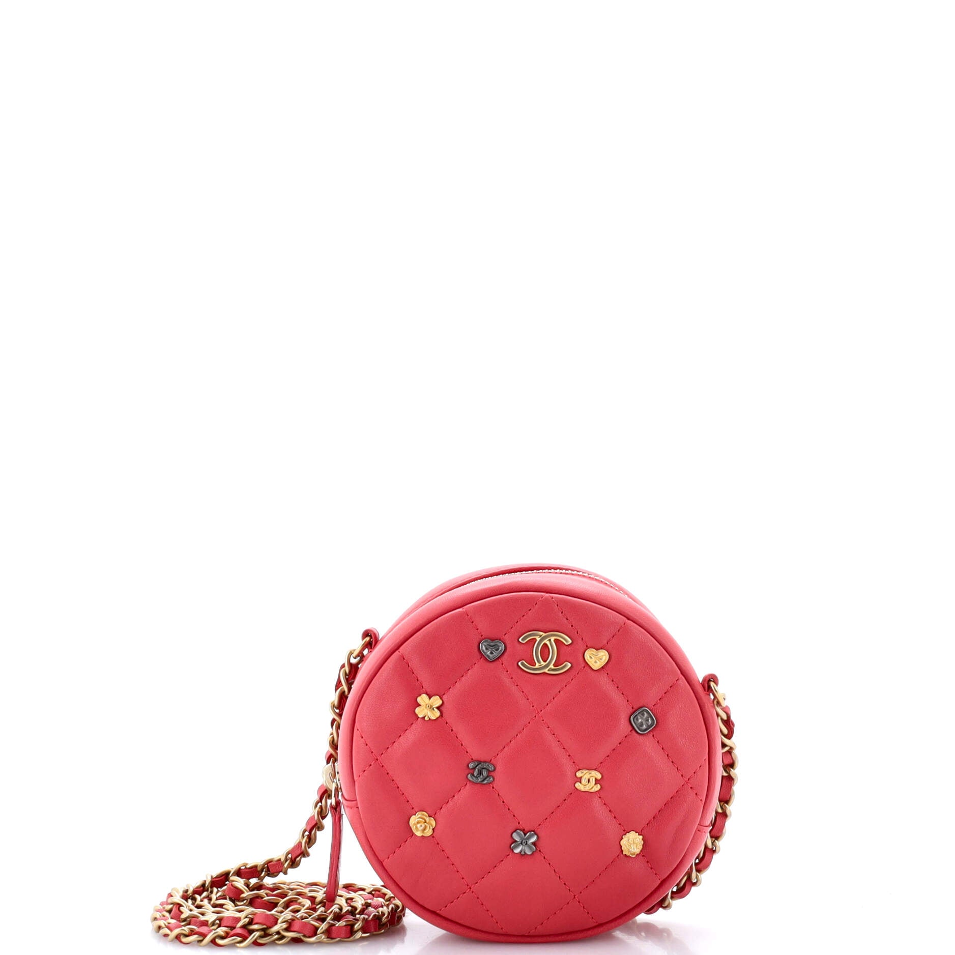 Chanel 18K Charms Round Clutch With Chain Quilted Lambskin Mini
