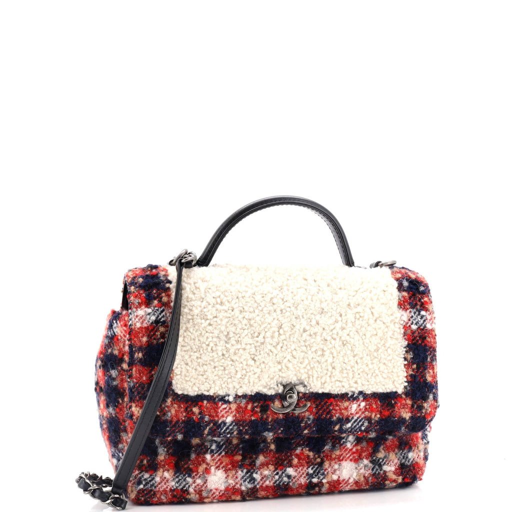 Chanel Top Handle Bag Shearling with Tweed Small