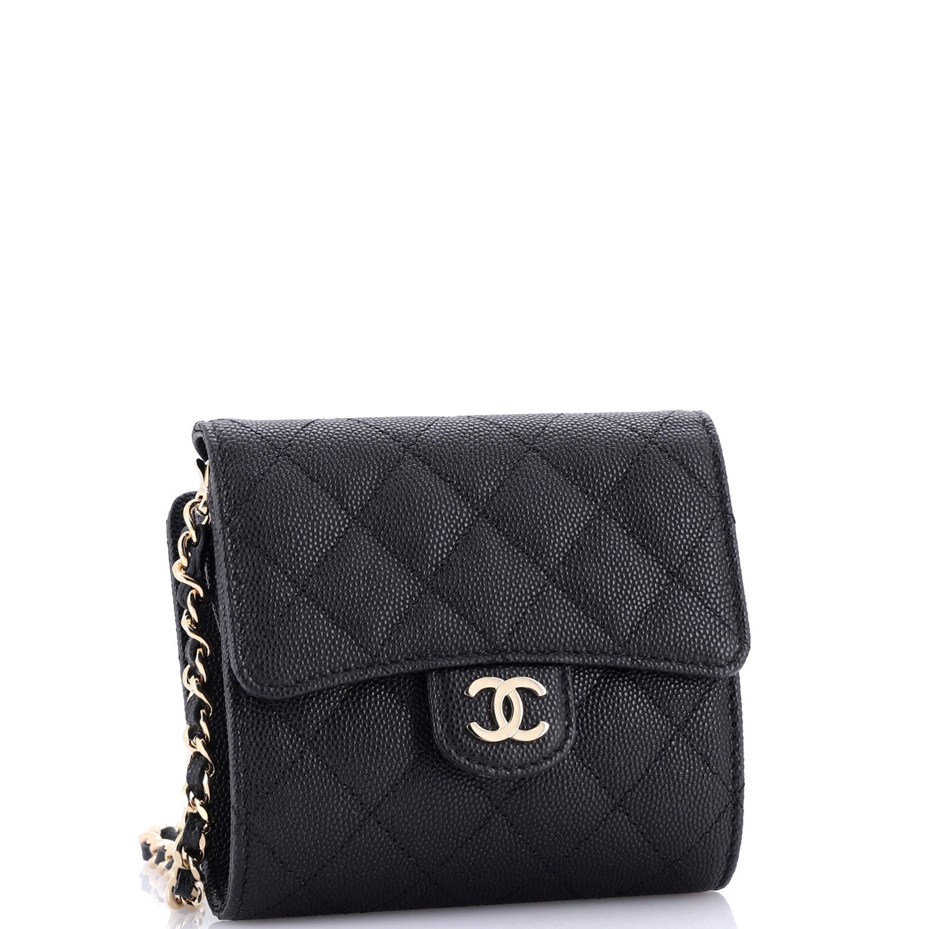 Chanel Flap Zip Around Card Case On Chain Quilted Caviar Mini