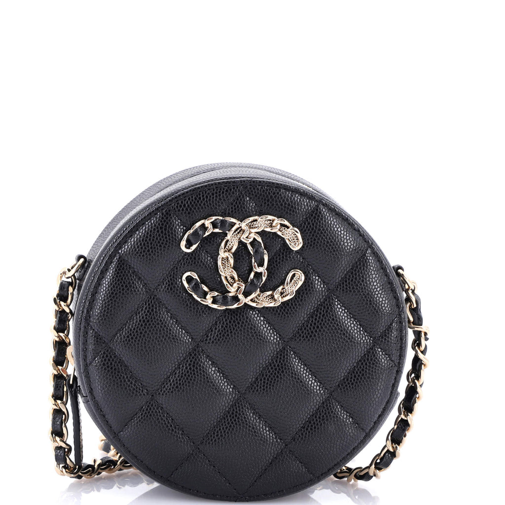 Chanel French New Wave Round Clutch with Chain Quilted Caviar