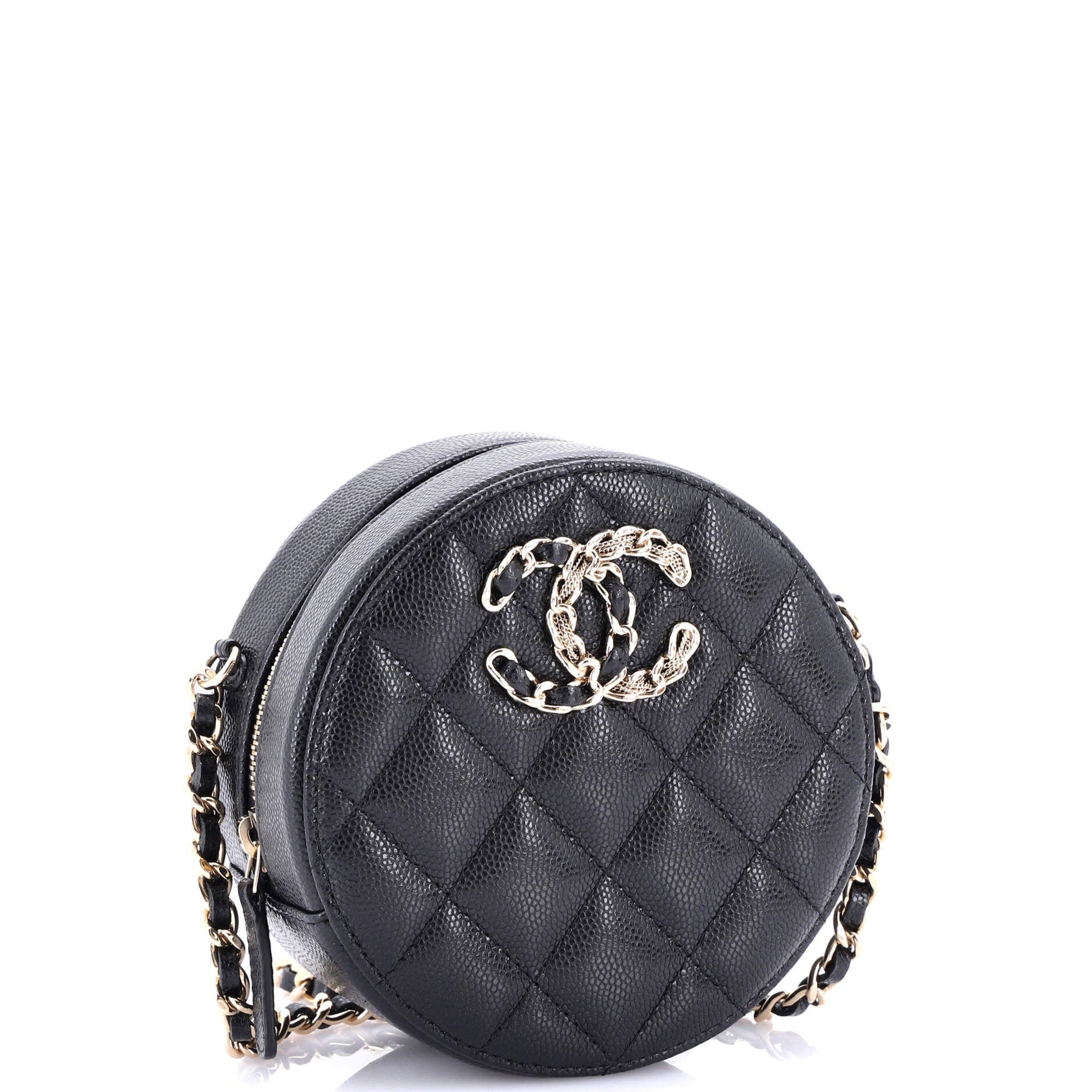 Chanel French New Wave Round Clutch with Chain Quilted Caviar