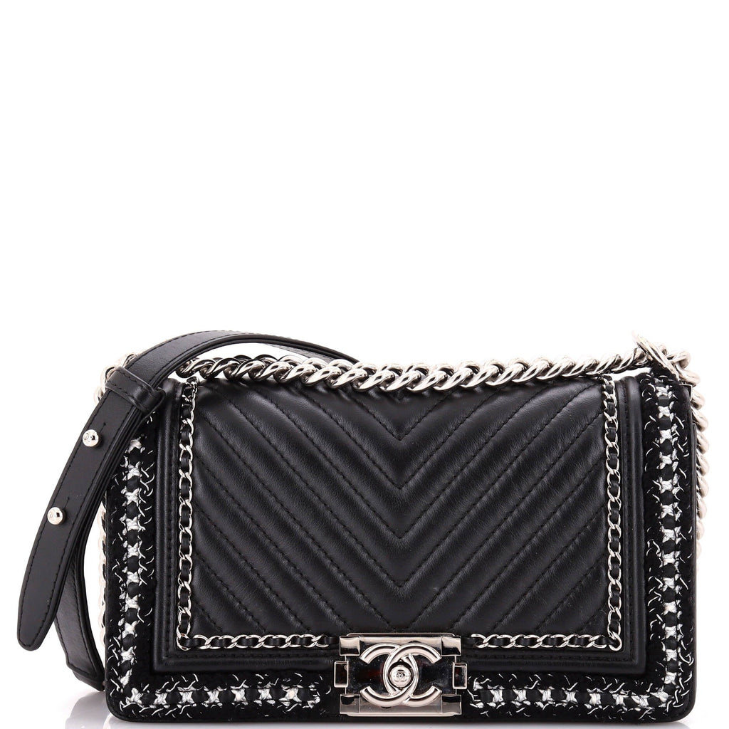 Chanel Jacket Boy Flap Bag Chevron Calfskin with Tweed Old Medium
