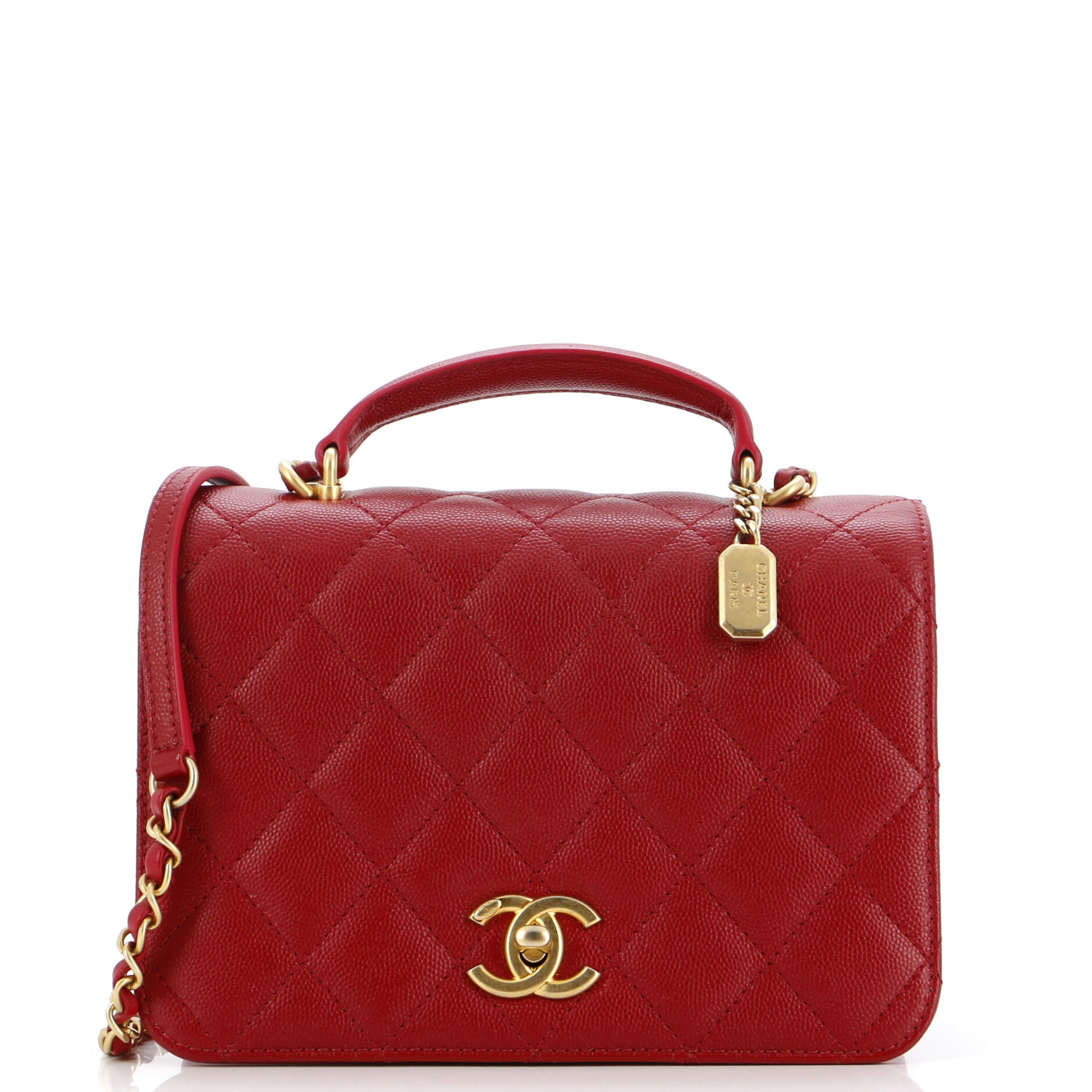 Chanel CC Top Handle Chain Full Flap Bag Quilted Caviar Small