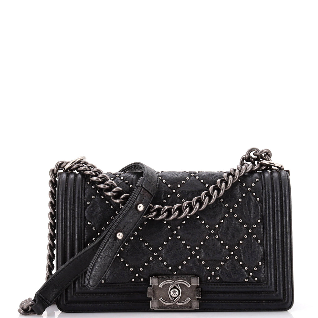 Chanel Boy Flap Bag Studded Quilted Distressed Calfskin Old Medium