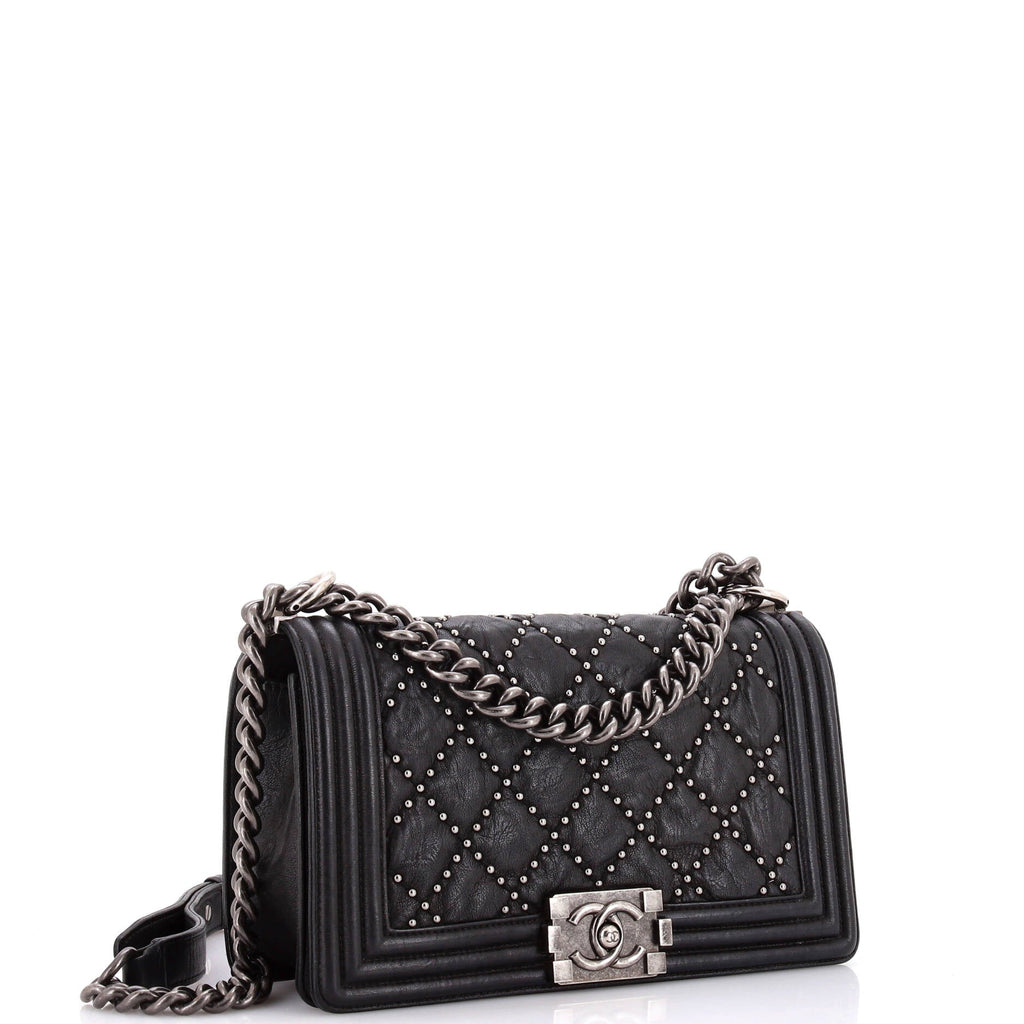 Chanel Boy Flap Bag Studded Quilted Distressed Calfskin Old Medium
