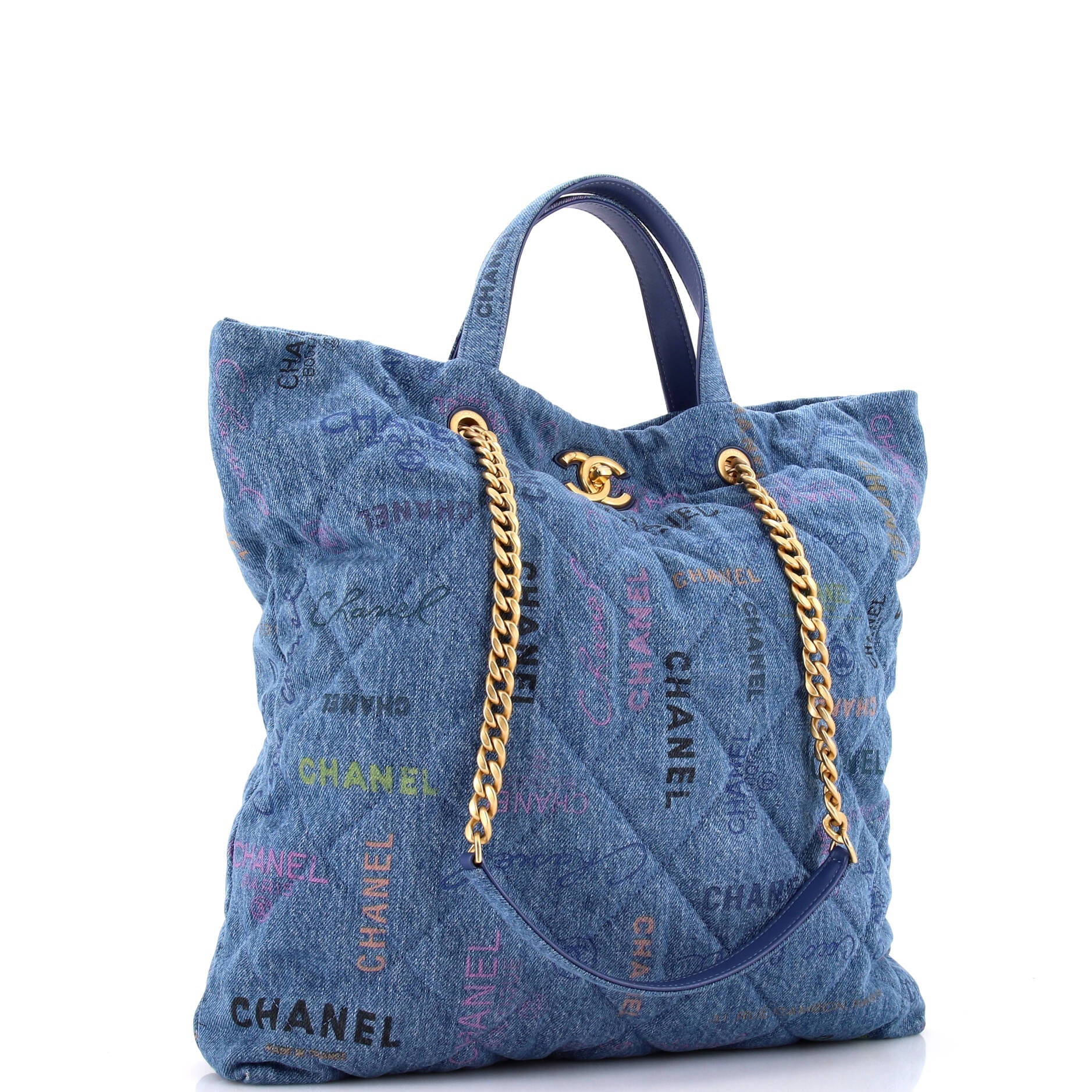 Chanel Denim Mood Shopping Tote Logo Printed Quilted Denim Maxi