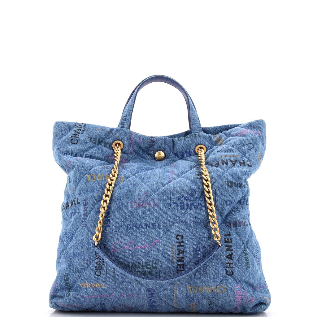 Chanel Denim Mood Shopping Tote Logo Printed Quilted Denim Maxi