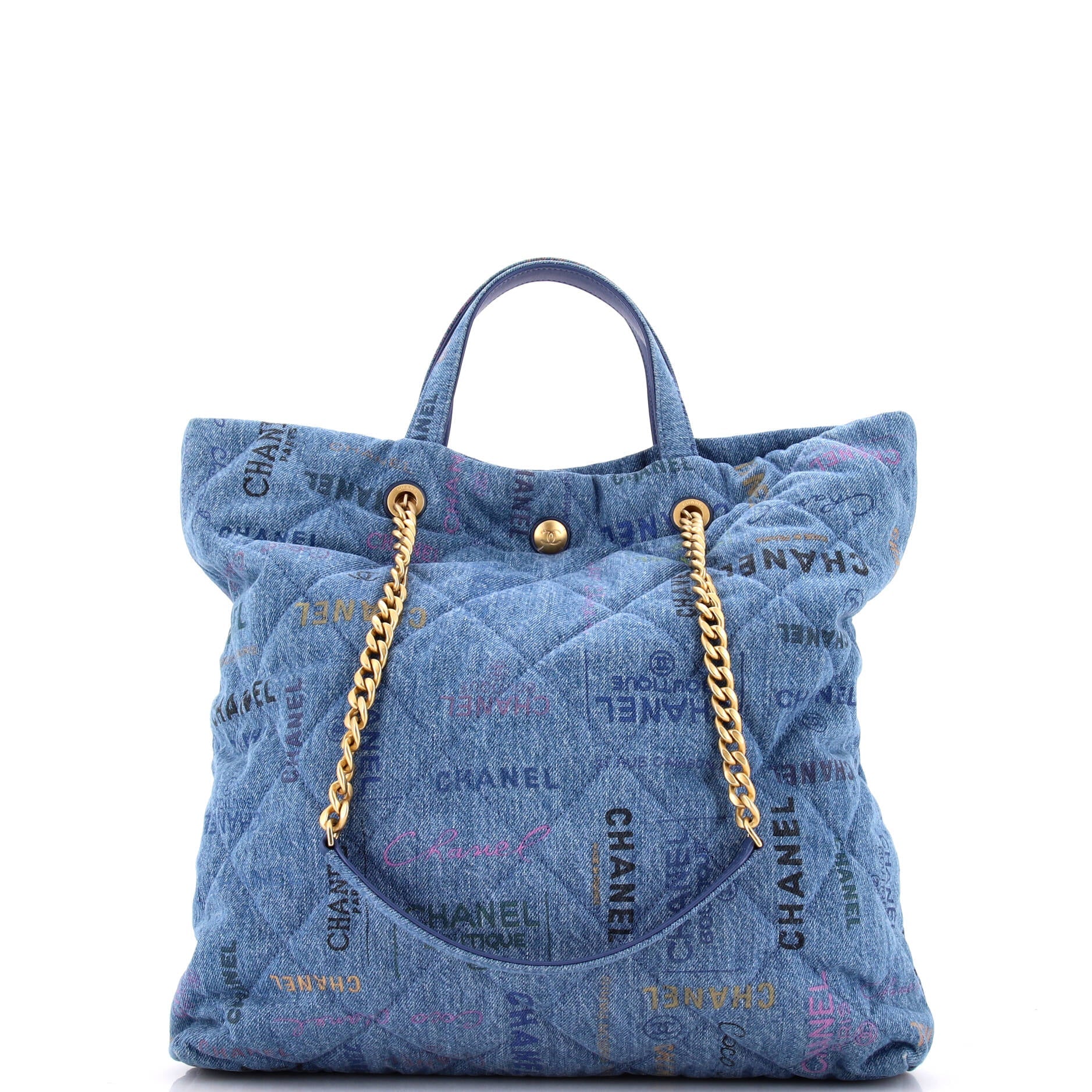 Chanel Denim Mood Shopping Tote Logo Printed Quilted Denim Maxi