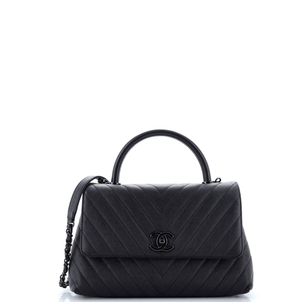 Chanel So Black Coco Top Handle Bag Chevron Caviar Small