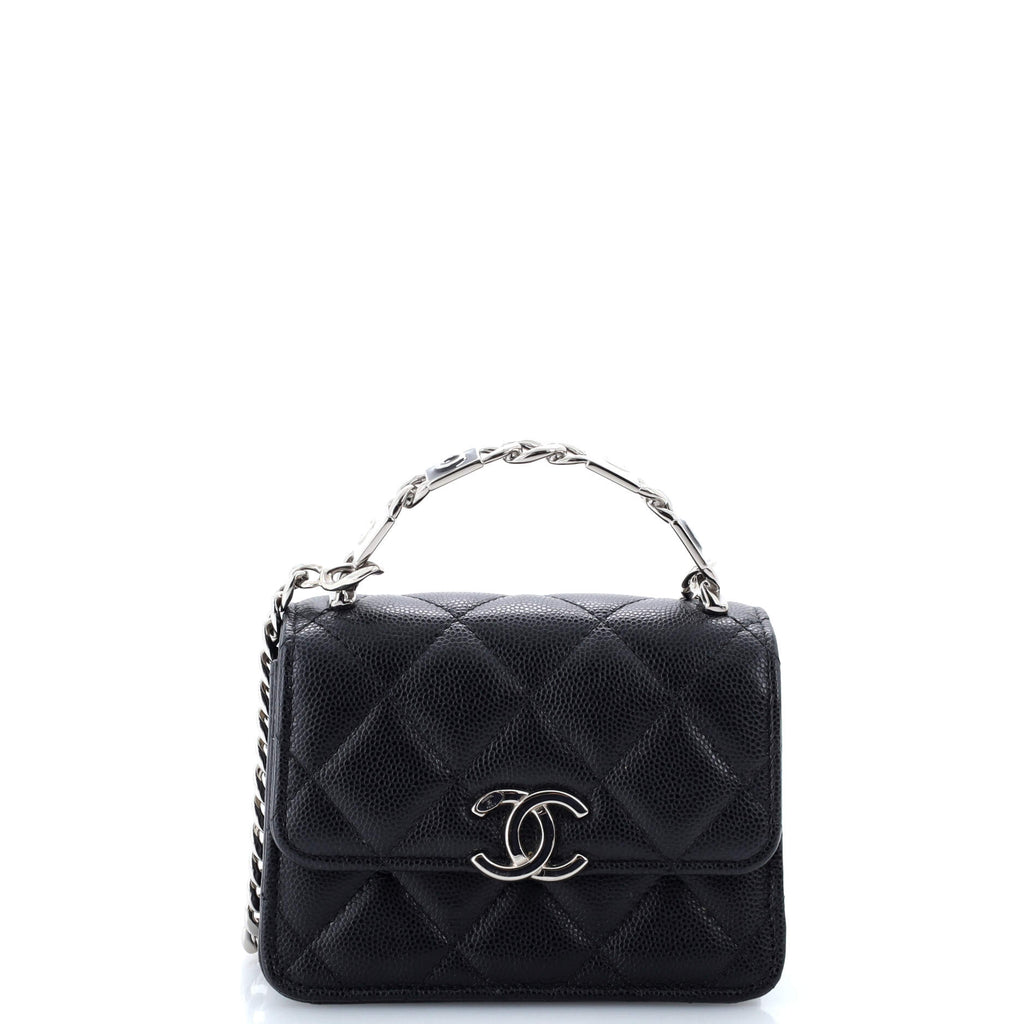 Chanel Coco Enamel Top Handle Flap Clutch with Chain Quilted Caviar