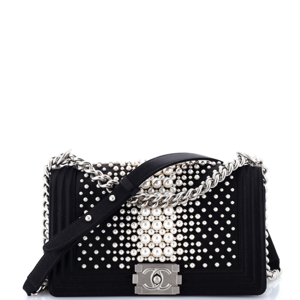 Chanel Boy Flap Bag Pearl Embellished Satin Old Medium