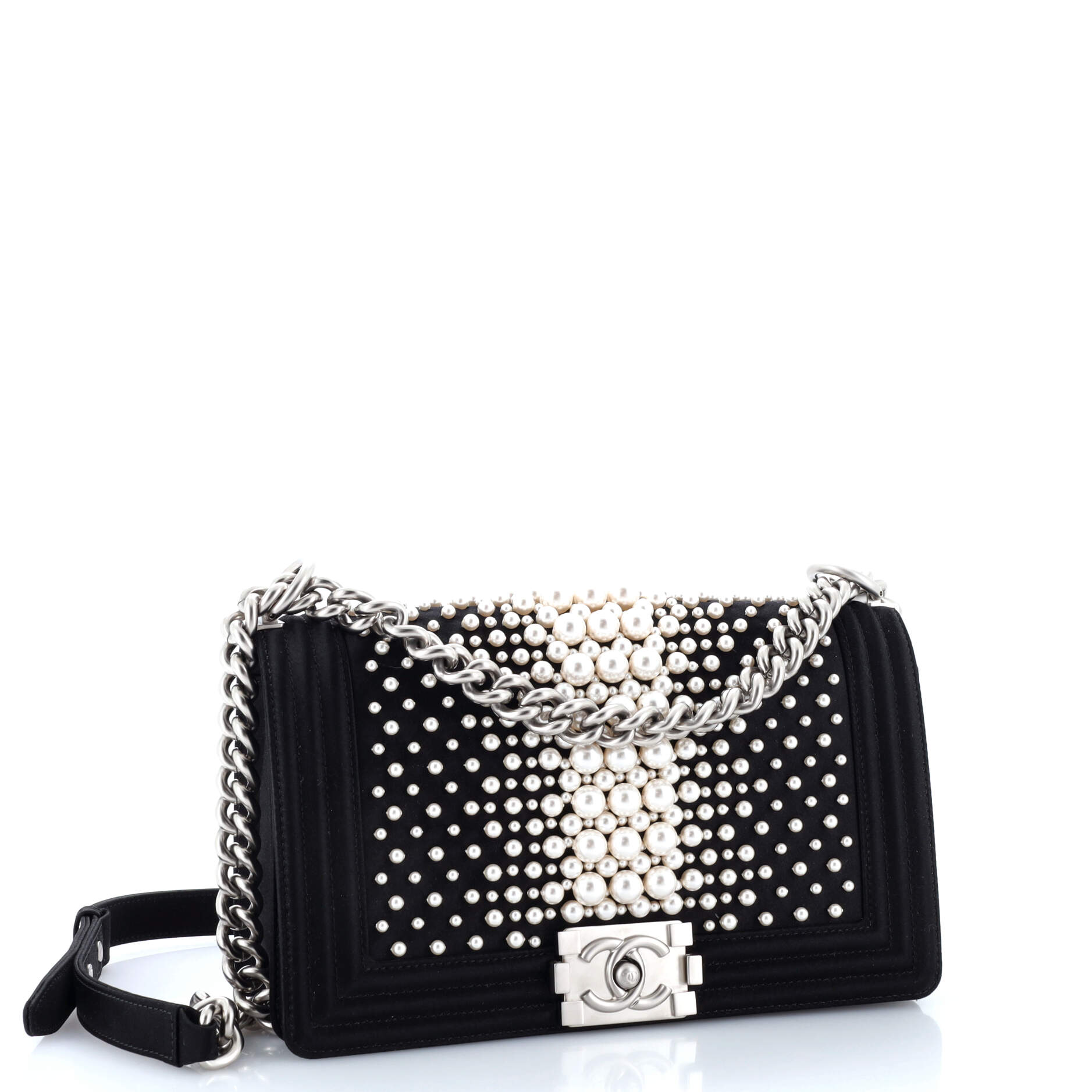 Chanel Boy Flap Bag Pearl Embellished Satin Old Medium