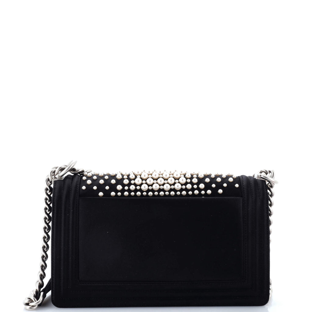 Chanel Boy Flap Bag Pearl Embellished Satin Old Medium