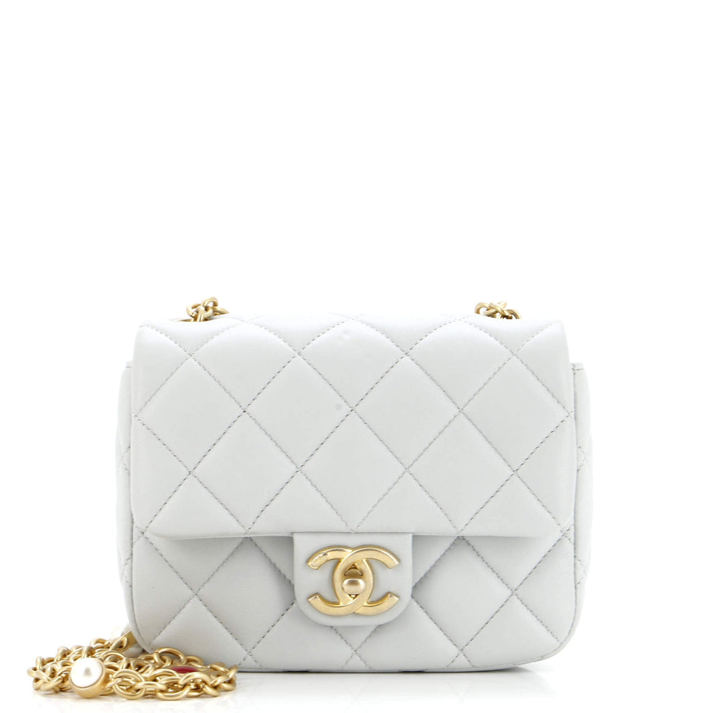 Chanel CC Enamel Pearl Charm Me Square Flap Bag Quilted Lambskin Mini