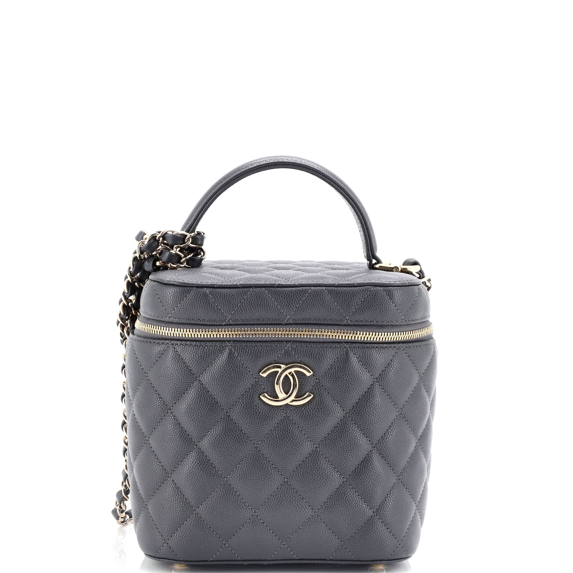 Chanel CC Top Handle Vanity Case with Chain Quilted Caviar Small
