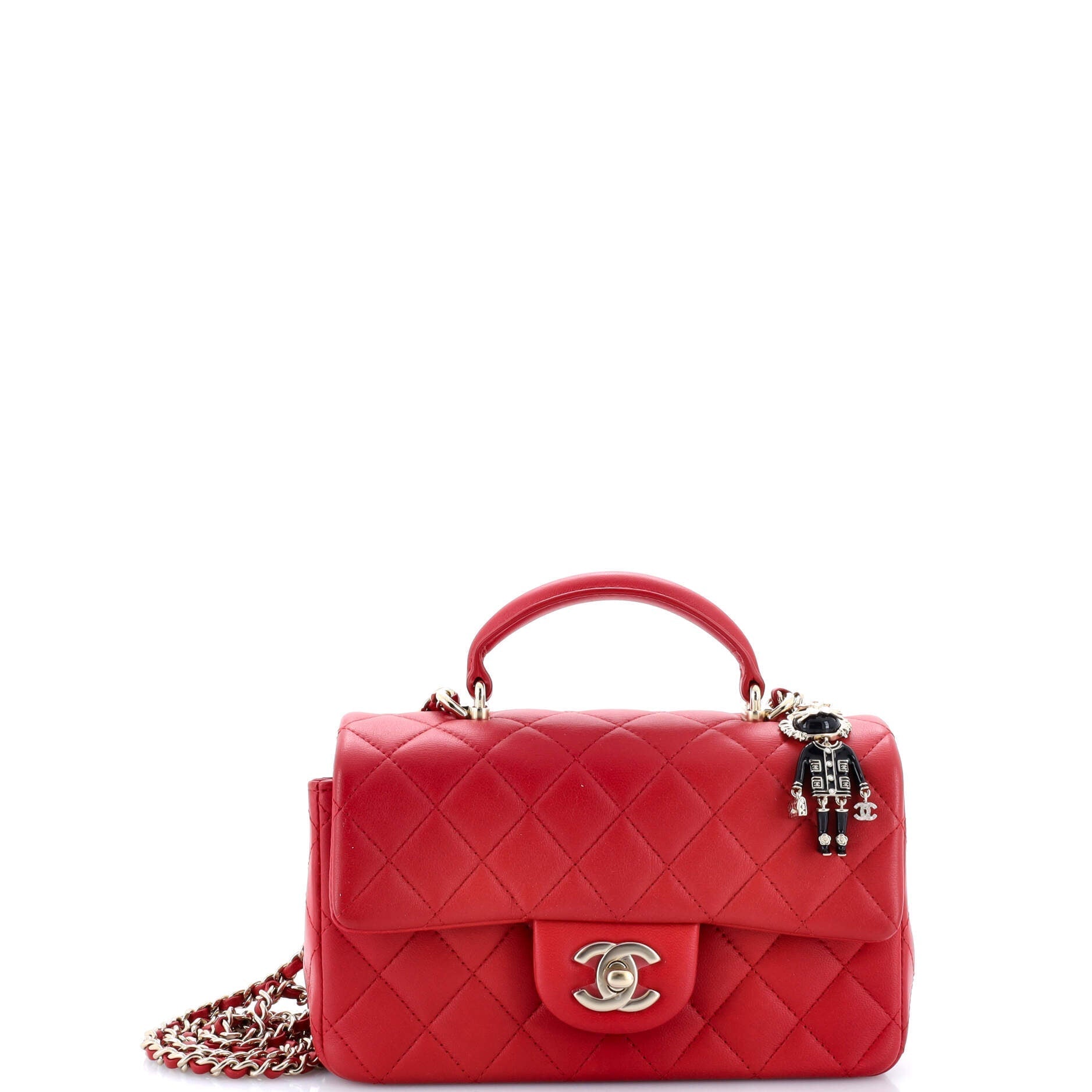 Chanel Classic Single Flap Top Handle Bag Quilted Lambskin with Lion Charm Mini