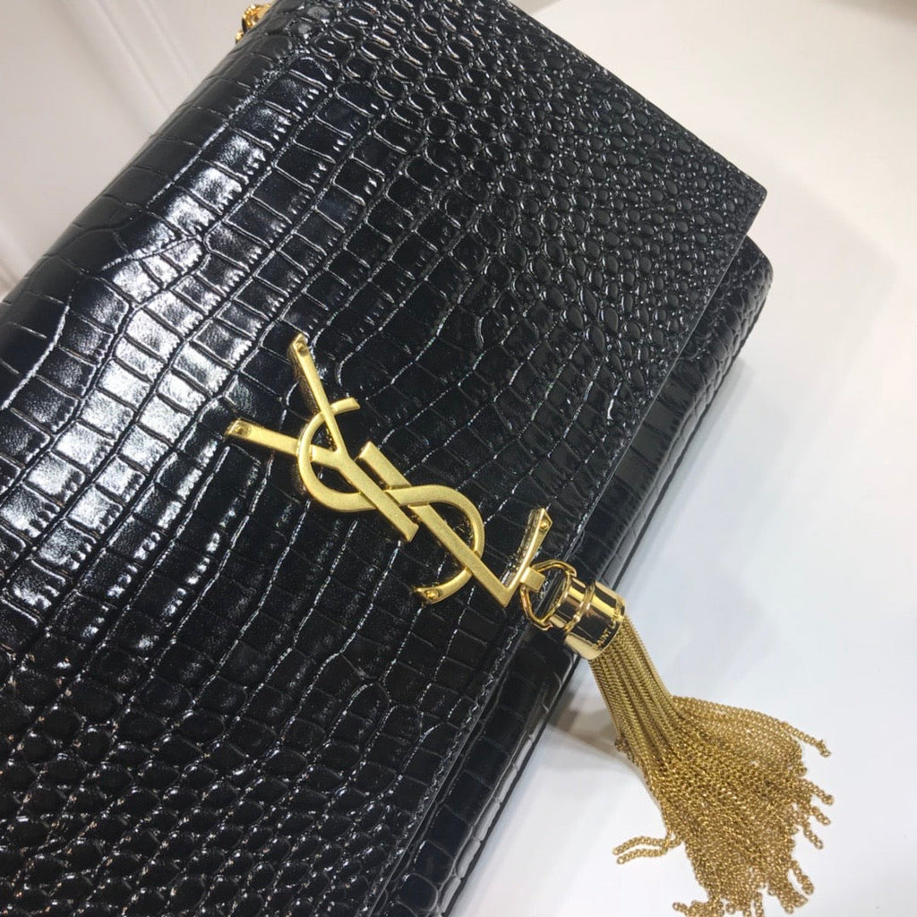 YSSL Kate Medium Chain Bag With Tassel In Embossed Crocodile Black For Women 9in/24cm YSL 354119DND0J1000