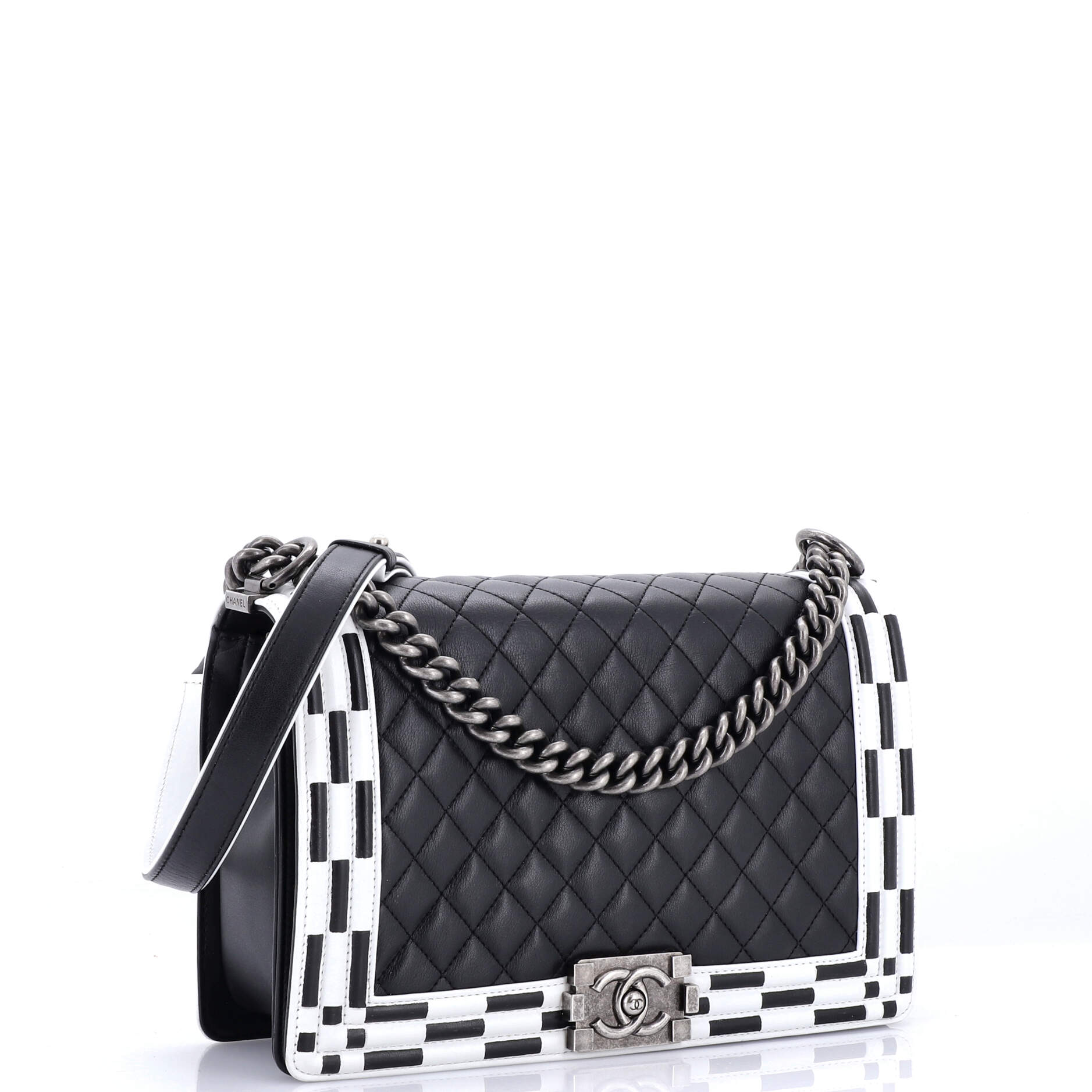 Chanel Checkerboard Trim Boy Flap Bag Quilted Calfskin New Medium