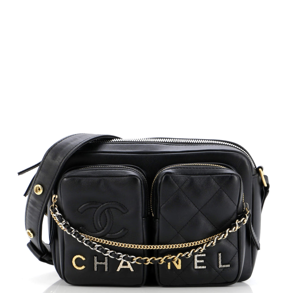 Chanel Logo Twin Pockets Chain Camera Case Quilted Calfskin Small