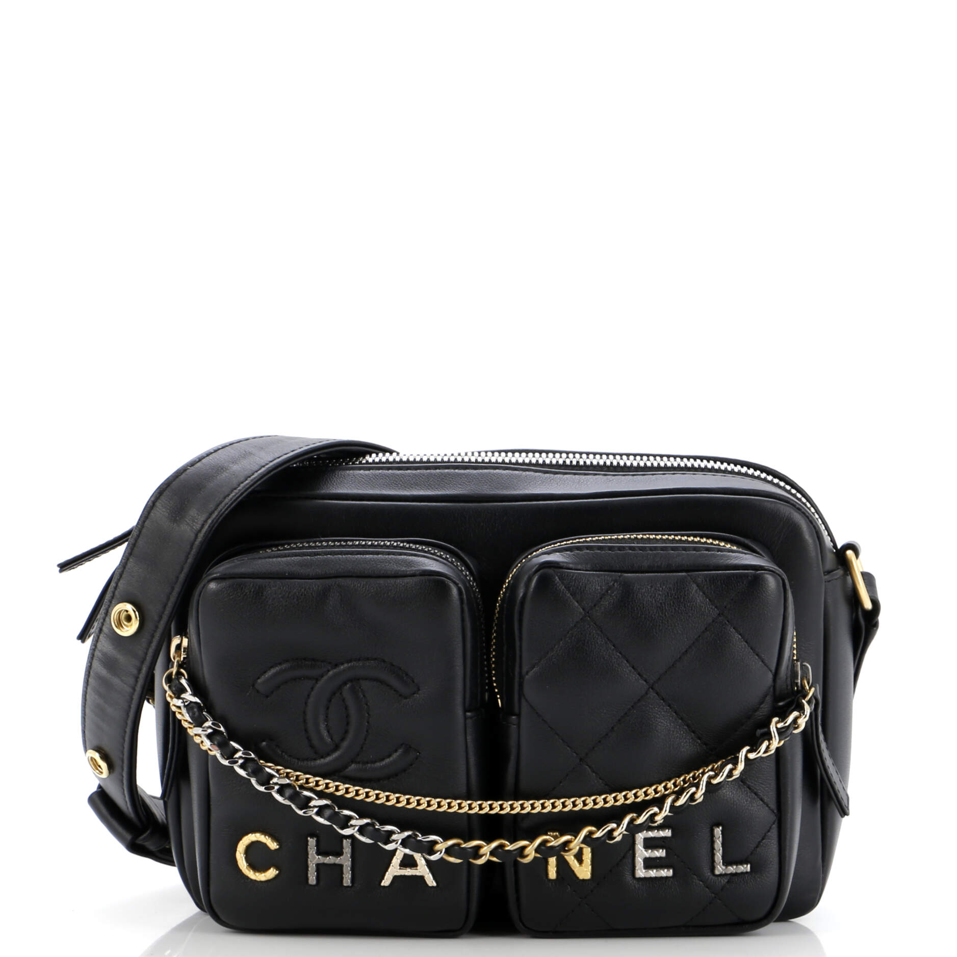 Chanel Logo Twin Pockets Chain Camera Case Quilted Calfskin Small
