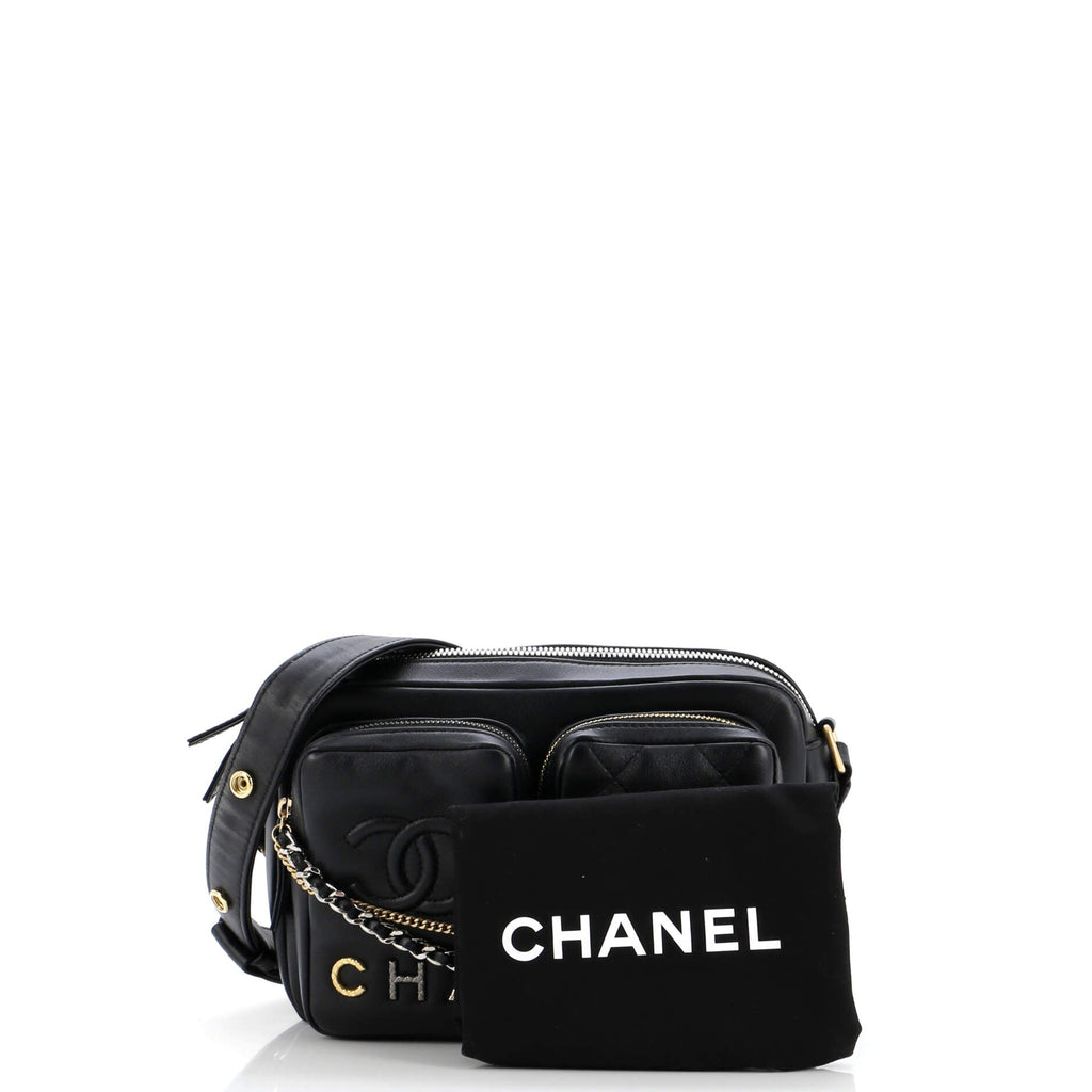 Chanel Logo Twin Pockets Chain Camera Case Quilted Calfskin Small