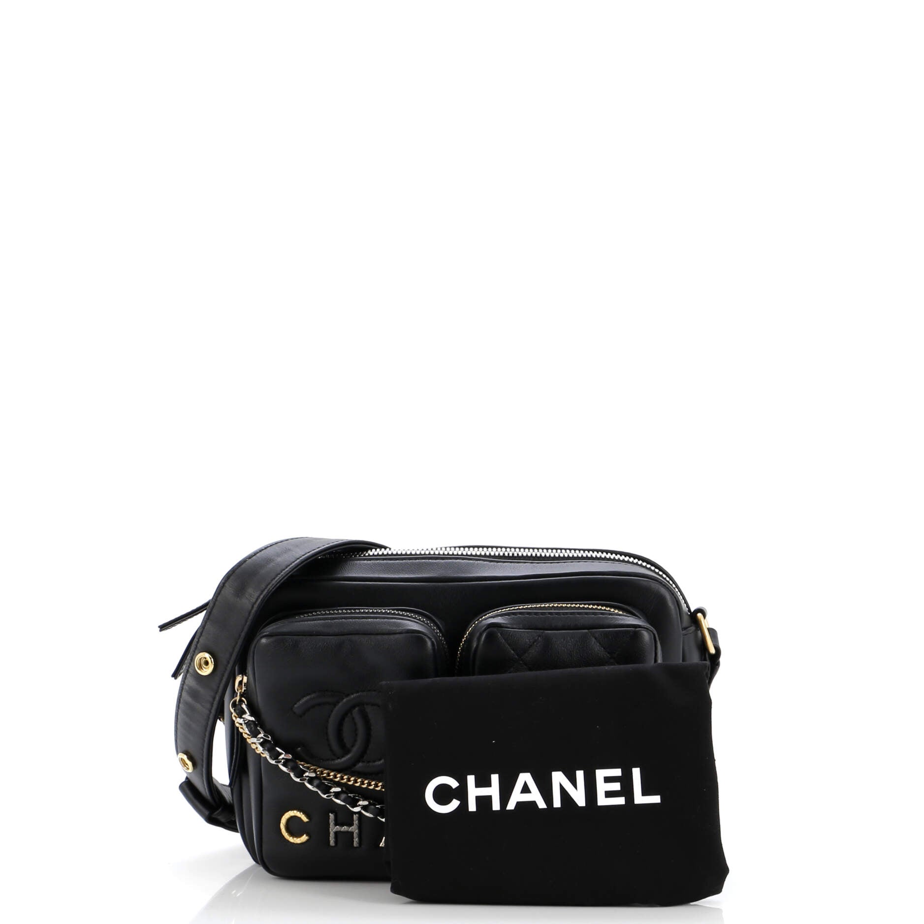 Chanel Logo Twin Pockets Chain Camera Case Quilted Calfskin Small