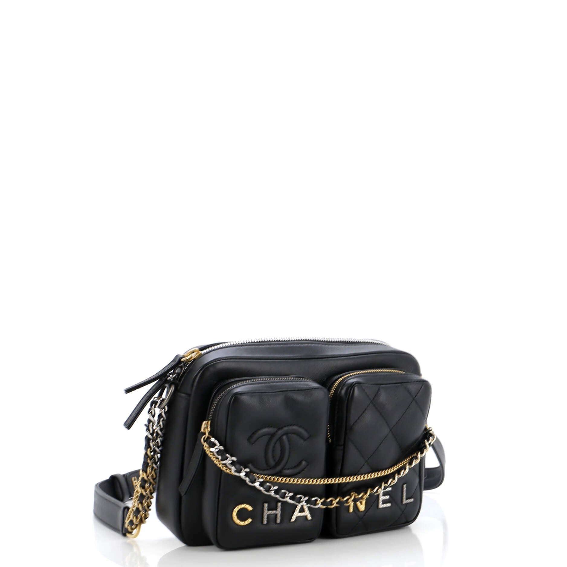 Chanel Logo Twin Pockets Chain Camera Case Quilted Calfskin Small