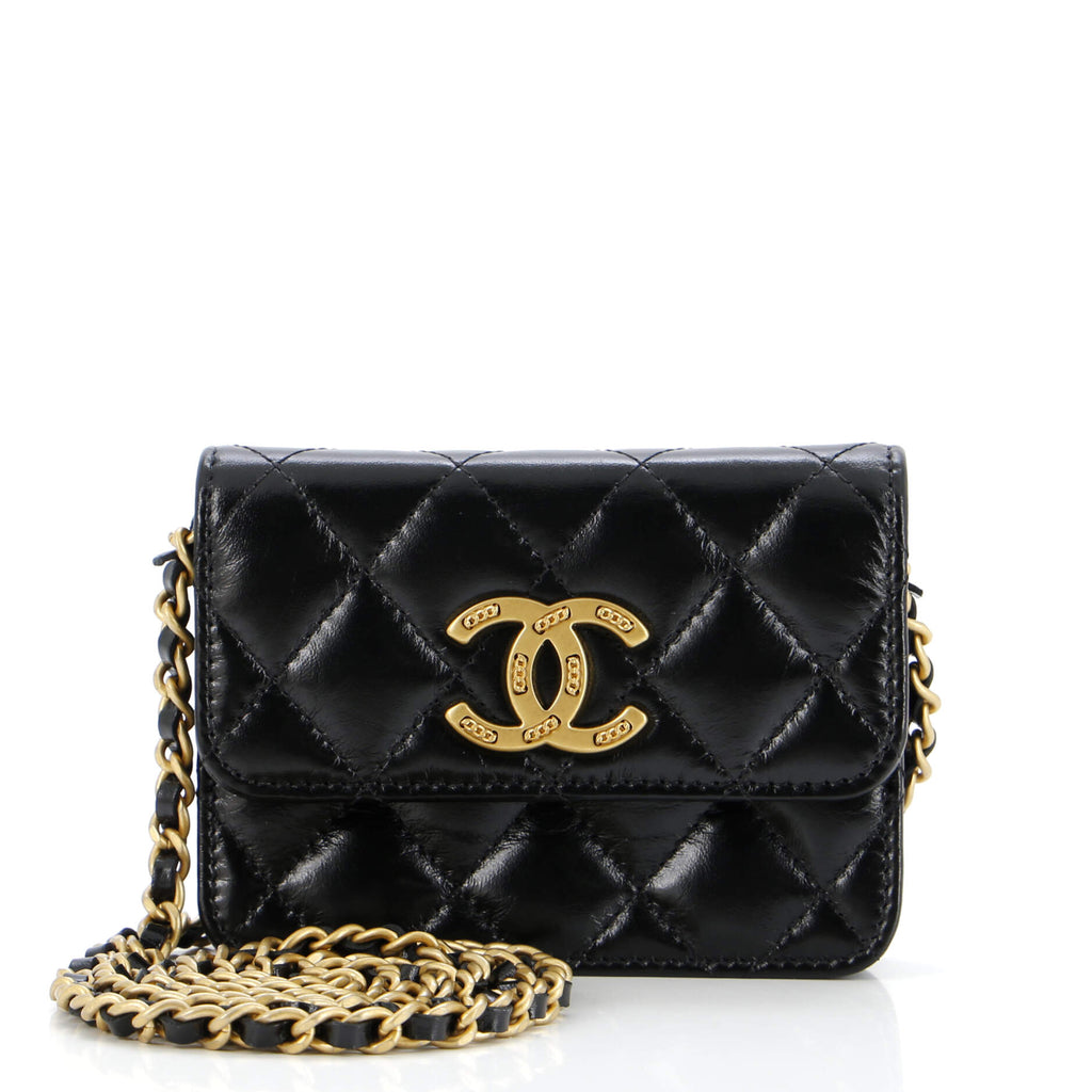 Chanel Textured CC Card Holder on Chain Quilted Shiny Calfskin