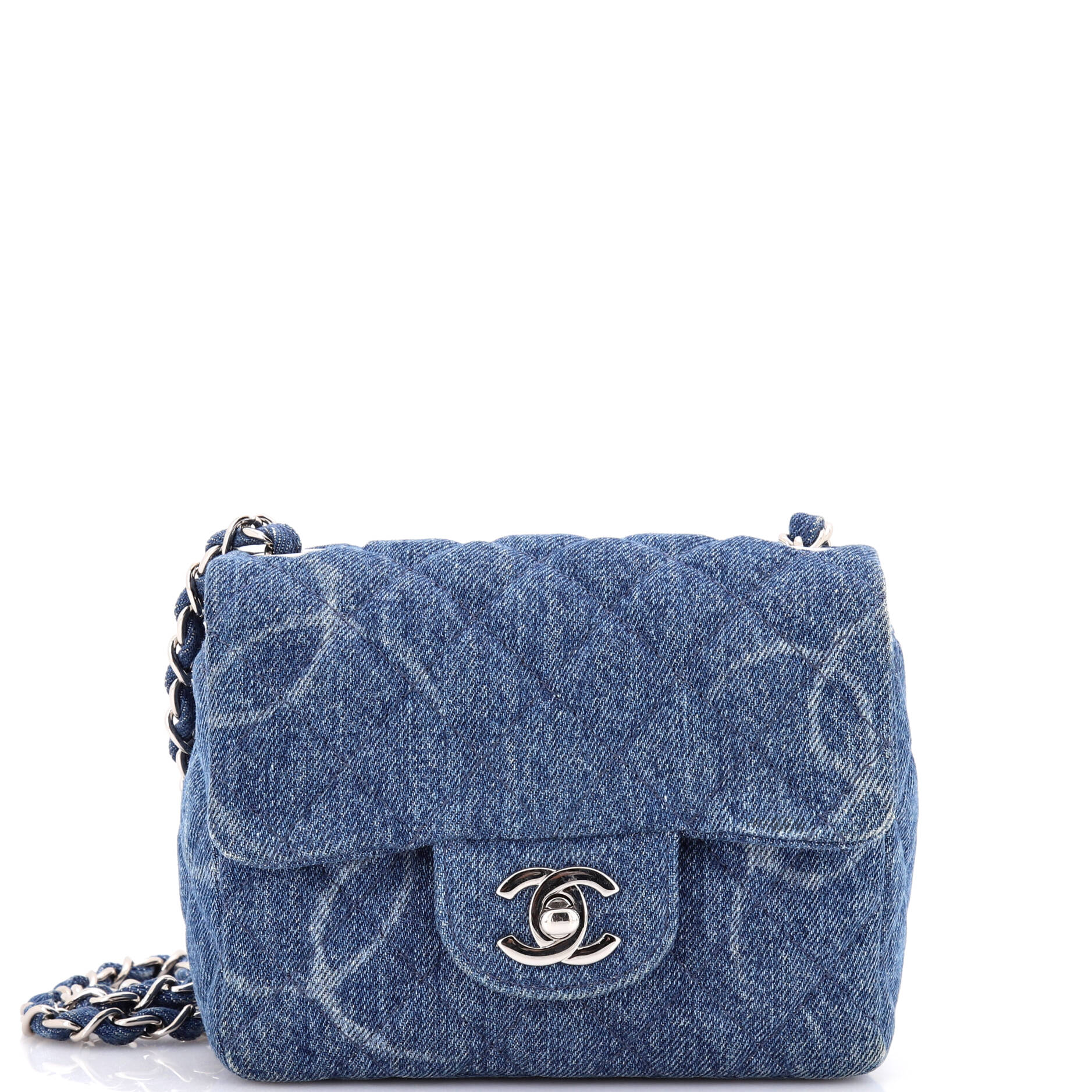 Chanel Square Classic Single Flap Bag Quilted CC Printed Denim Mini