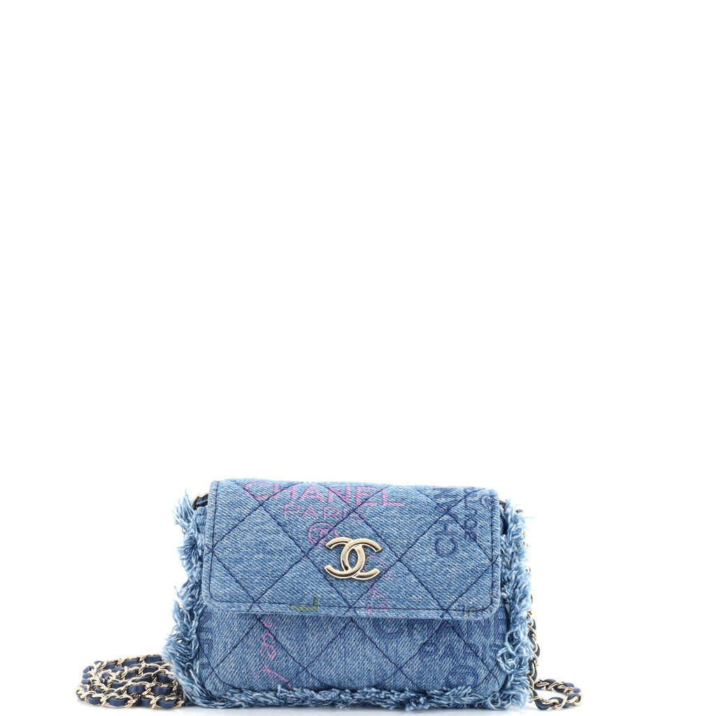 Chanel Denim Mood Flap Clutch with Chain Logo Printed Quilted Fringe Denim