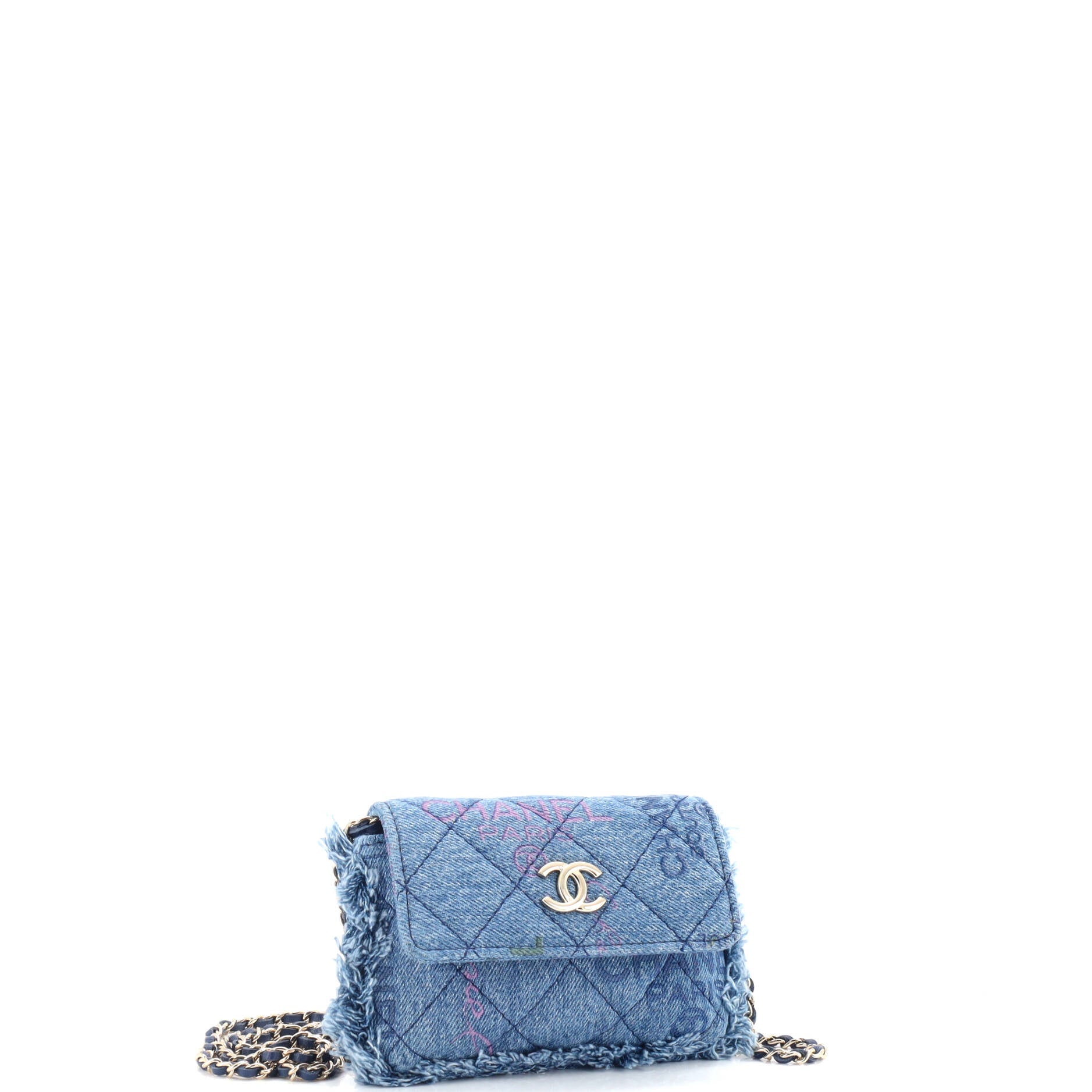 Chanel Denim Mood Flap Clutch with Chain Logo Printed Quilted Fringe Denim