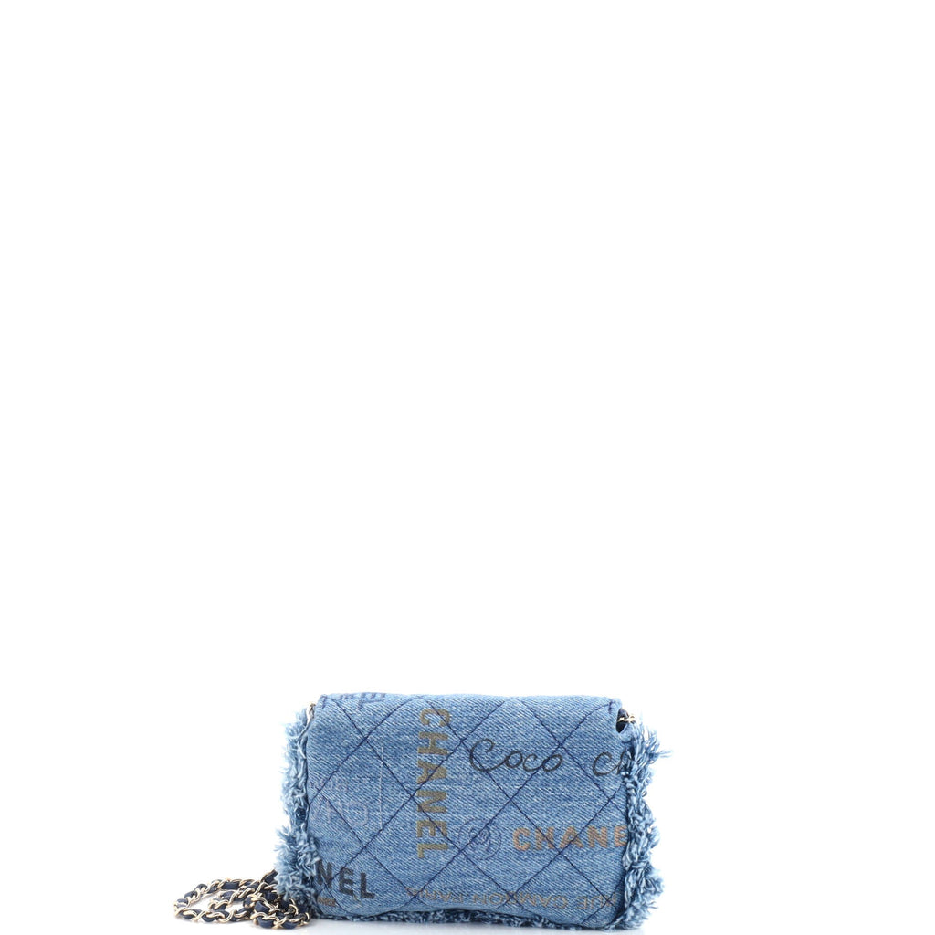 Chanel Denim Mood Flap Clutch with Chain Logo Printed Quilted Fringe Denim