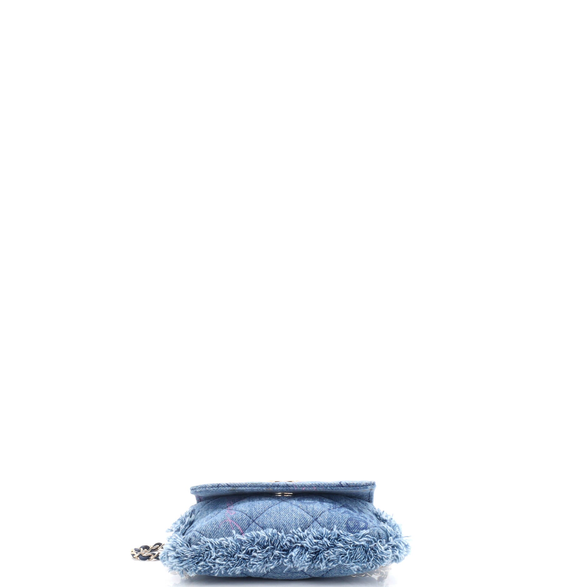 Chanel Denim Mood Flap Clutch with Chain Logo Printed Quilted Fringe Denim