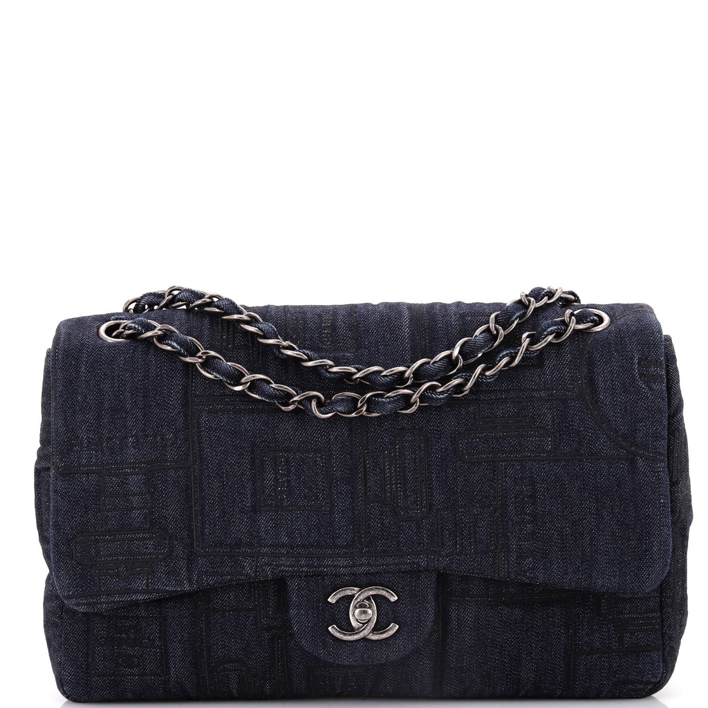 Chanel Perfume Bottle Classic Single Flap Bag Embroidered Denim Jumbo