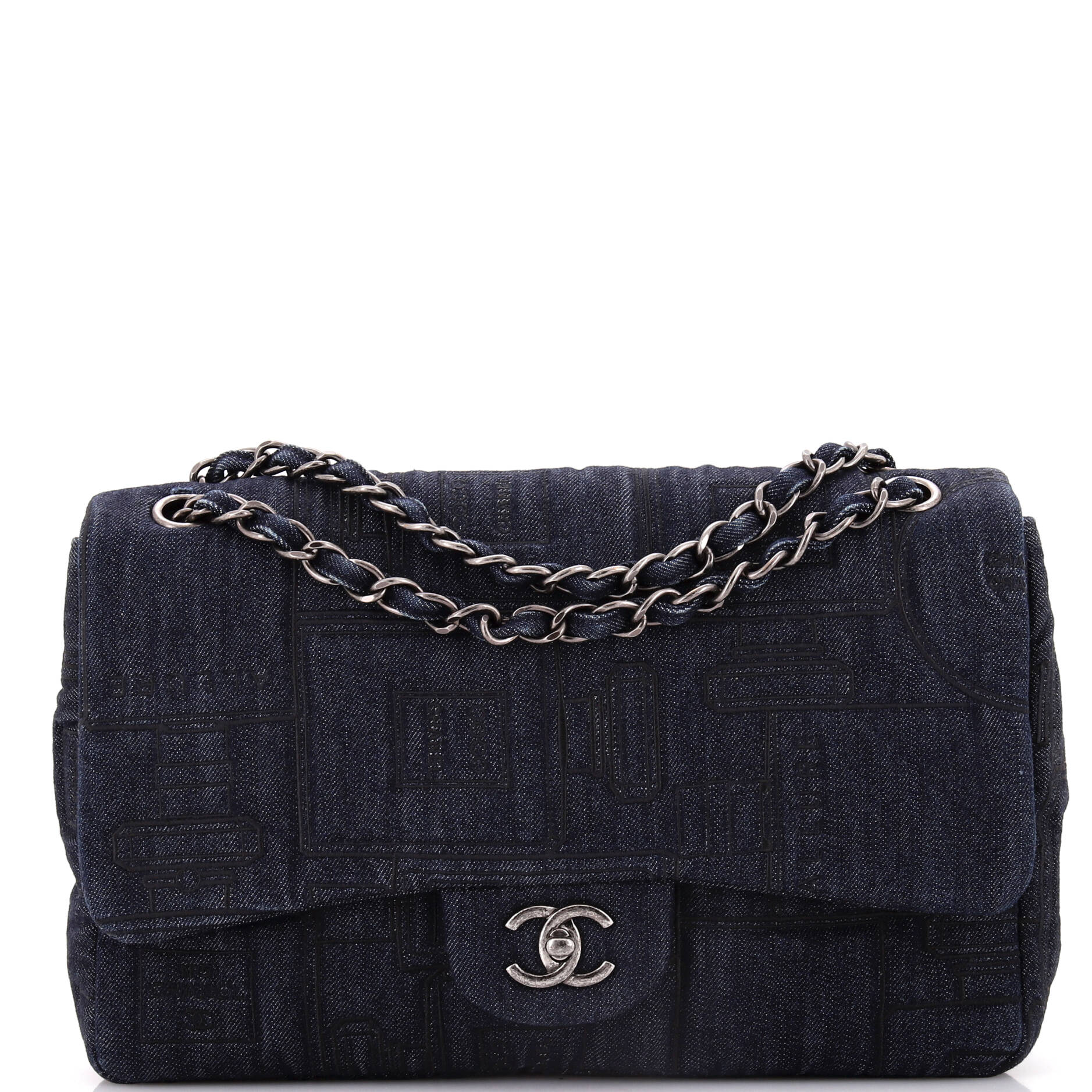 Chanel Perfume Bottle Classic Single Flap Bag Embroidered Denim Jumbo
