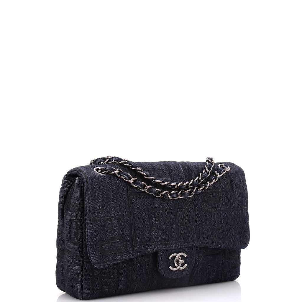 Chanel Perfume Bottle Classic Single Flap Bag Embroidered Denim Jumbo