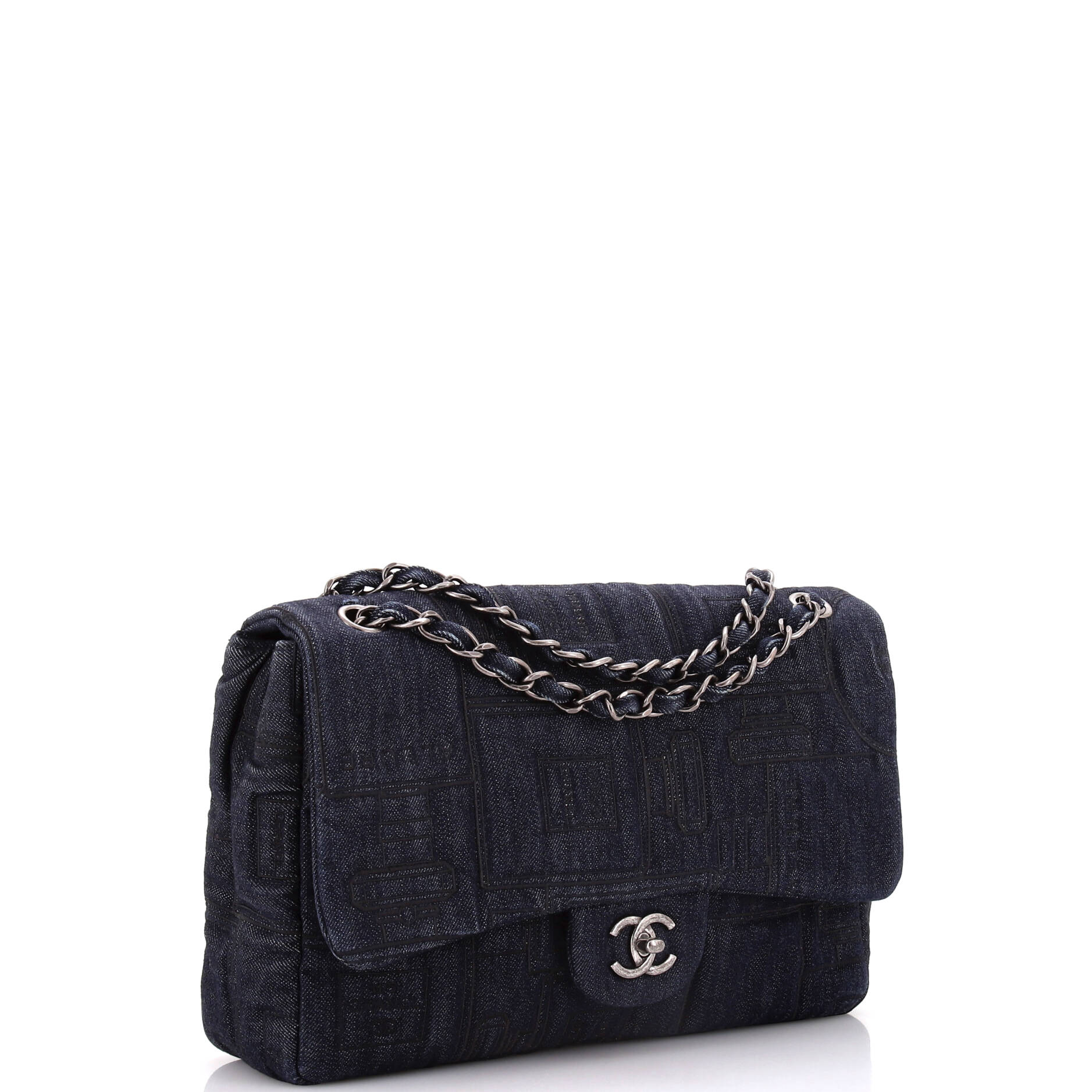 Chanel Perfume Bottle Classic Single Flap Bag Embroidered Denim Jumbo