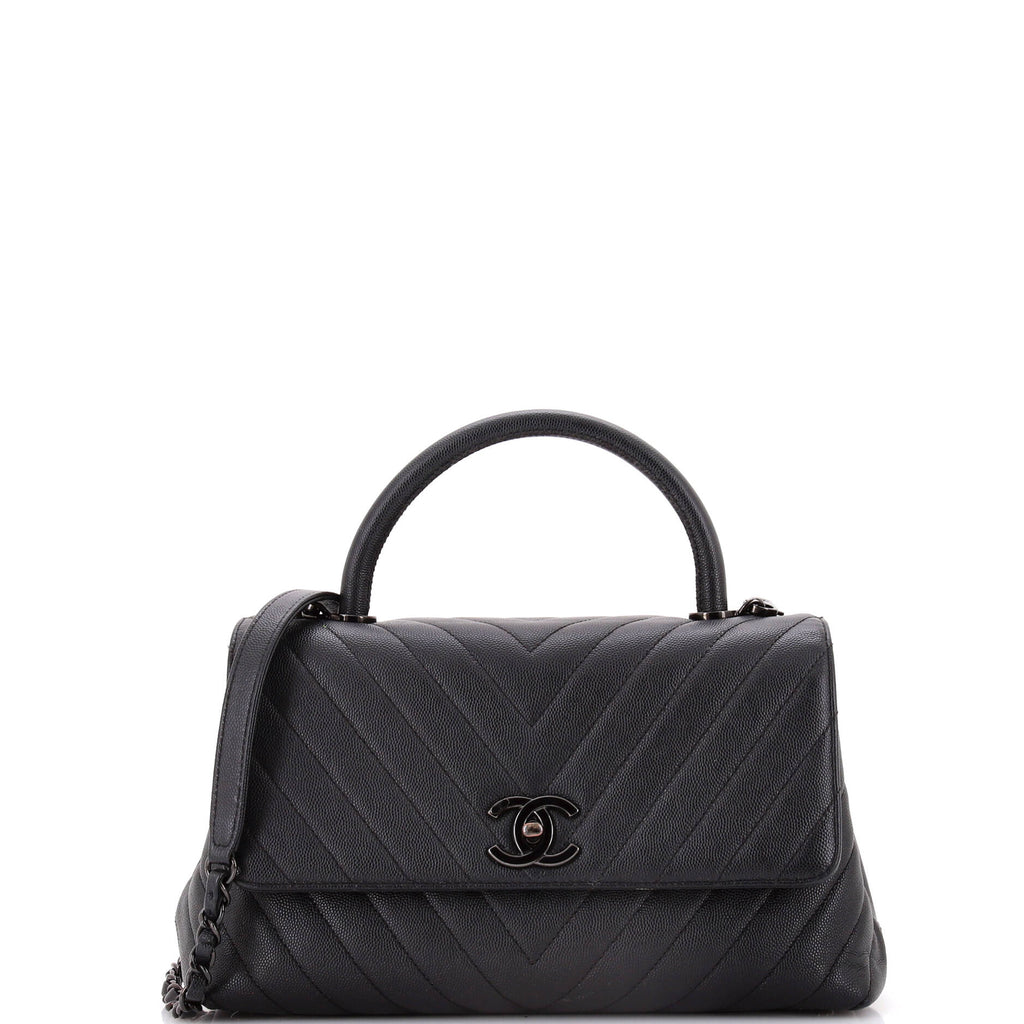 Chanel So Black Coco Top Handle Bag Chevron Caviar Small