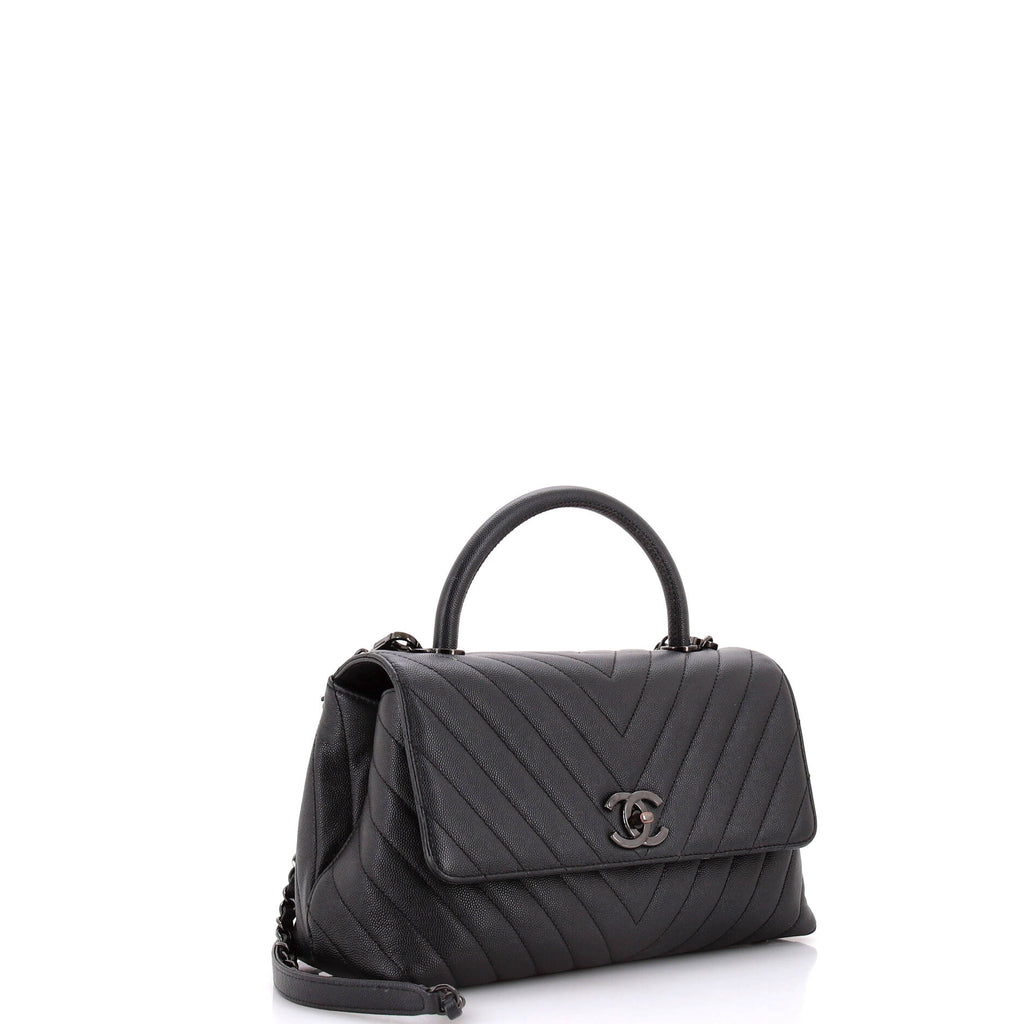 Chanel So Black Coco Top Handle Bag Chevron Caviar Small