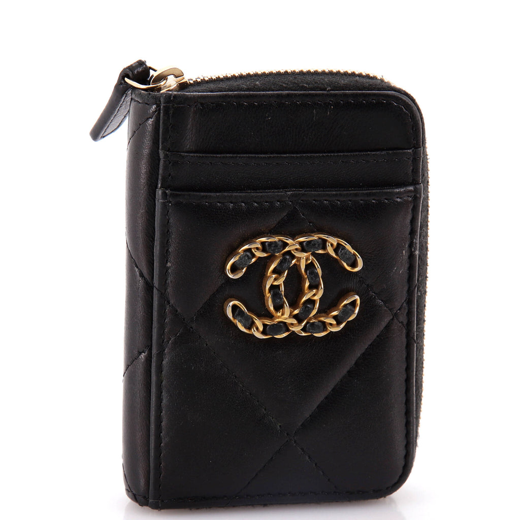 Chanel 19 Card Holder Zip Coin Purse Quilted Lambskin