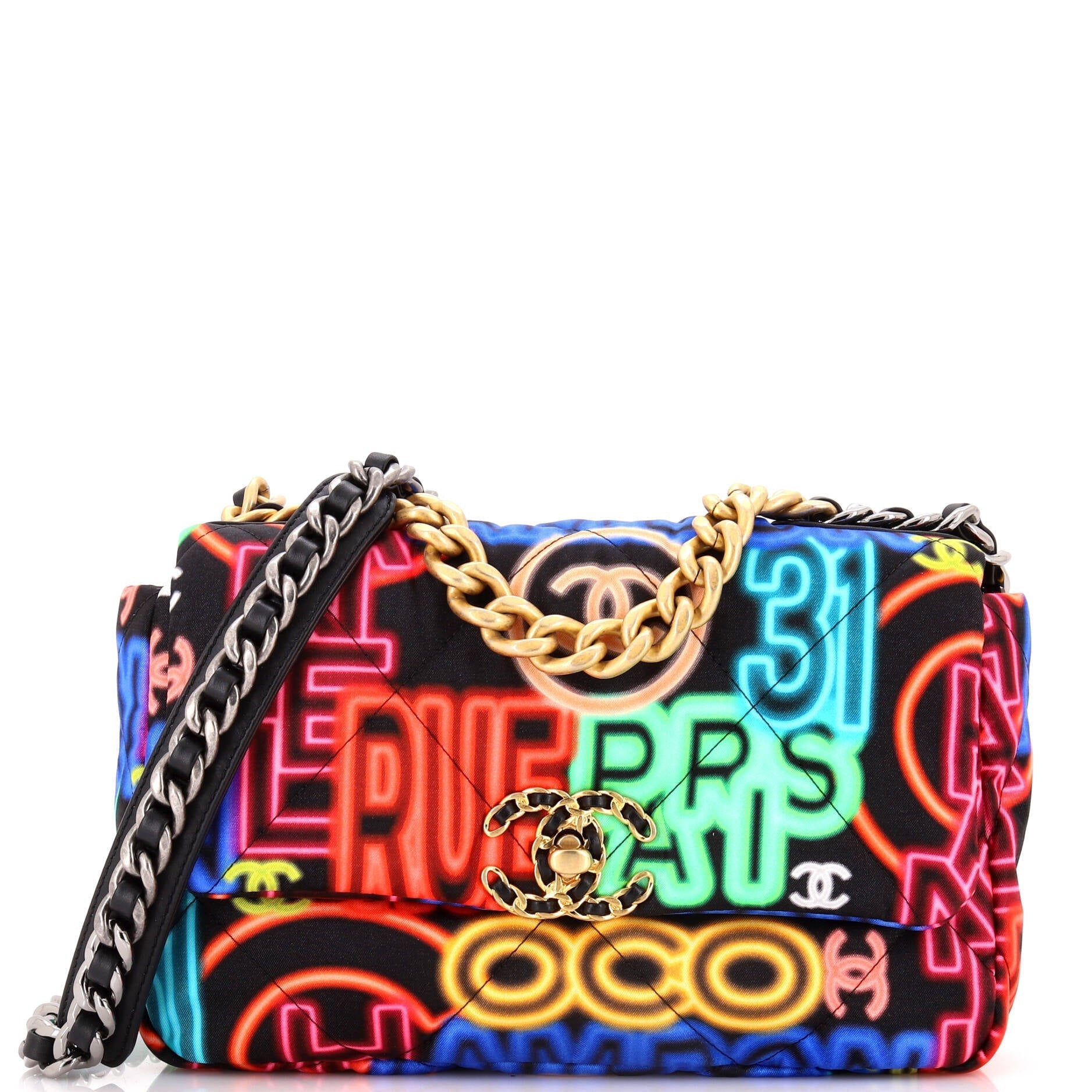 Chanel 19 Flap Bag Quilted Graffiti Print Fabric Medium
